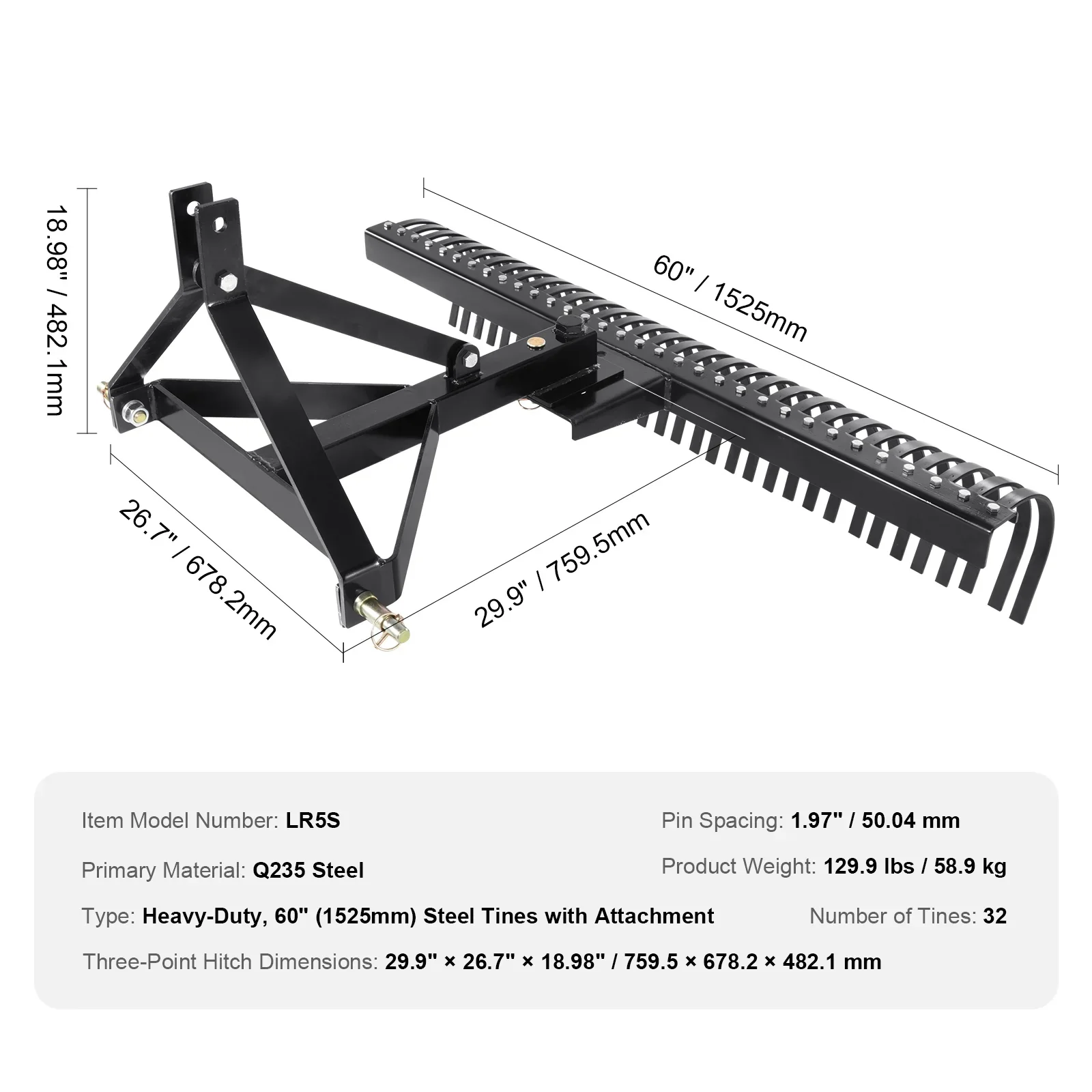 KFFKFF 3-Point Landscape Rake, 60 Pull-Behind Thatch Remover with 32 Steel Tines, Tractor-Compatible 3-Point Hitch Garden Rake with Attachments