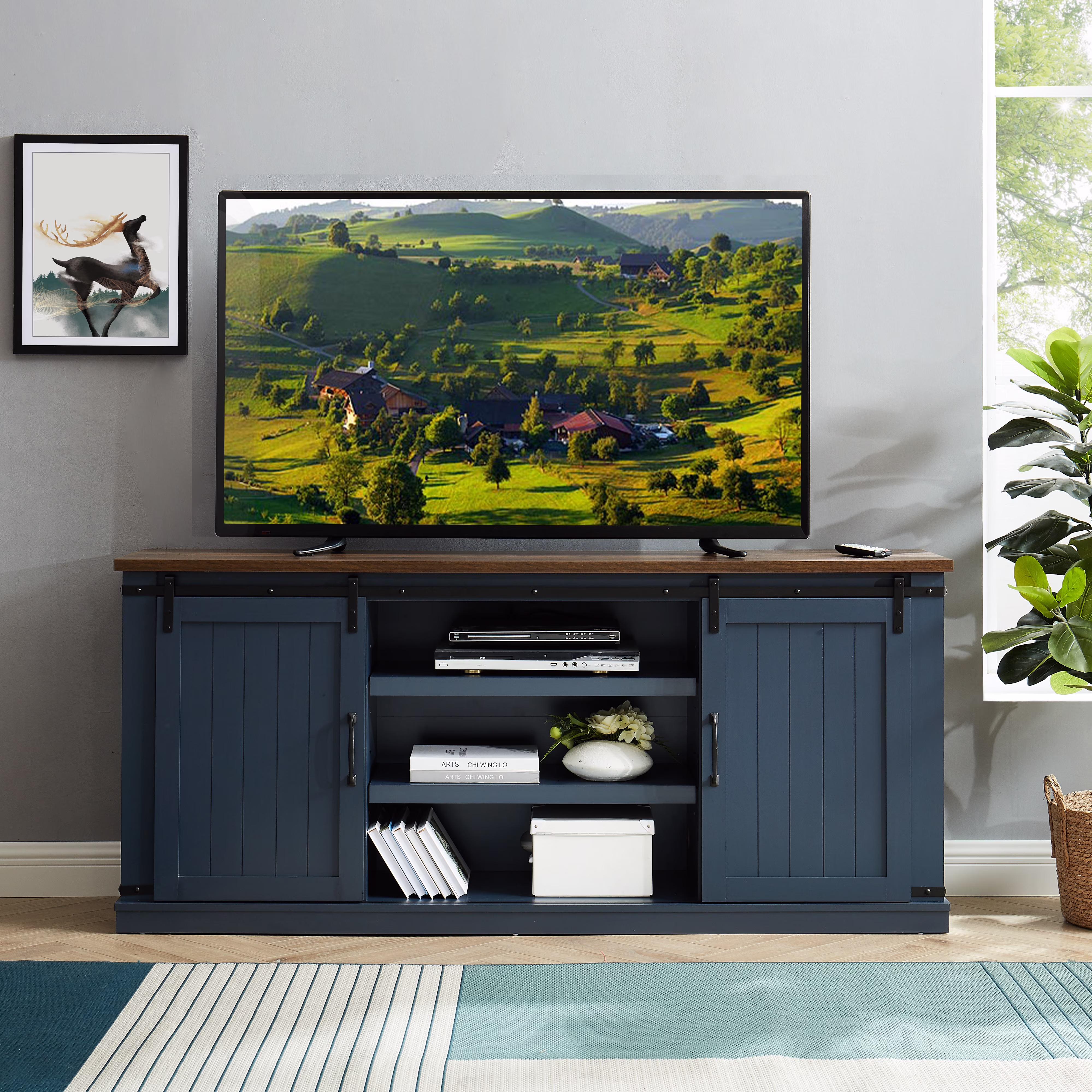 Farmhouse TV Stand for 75" TV, Entertainment Center, Sliding Barn Door TV Stand, 68 inch TV Console Table, Home Living Room Media Console with Adjustable Shelf Off White(Off White) - Image 5