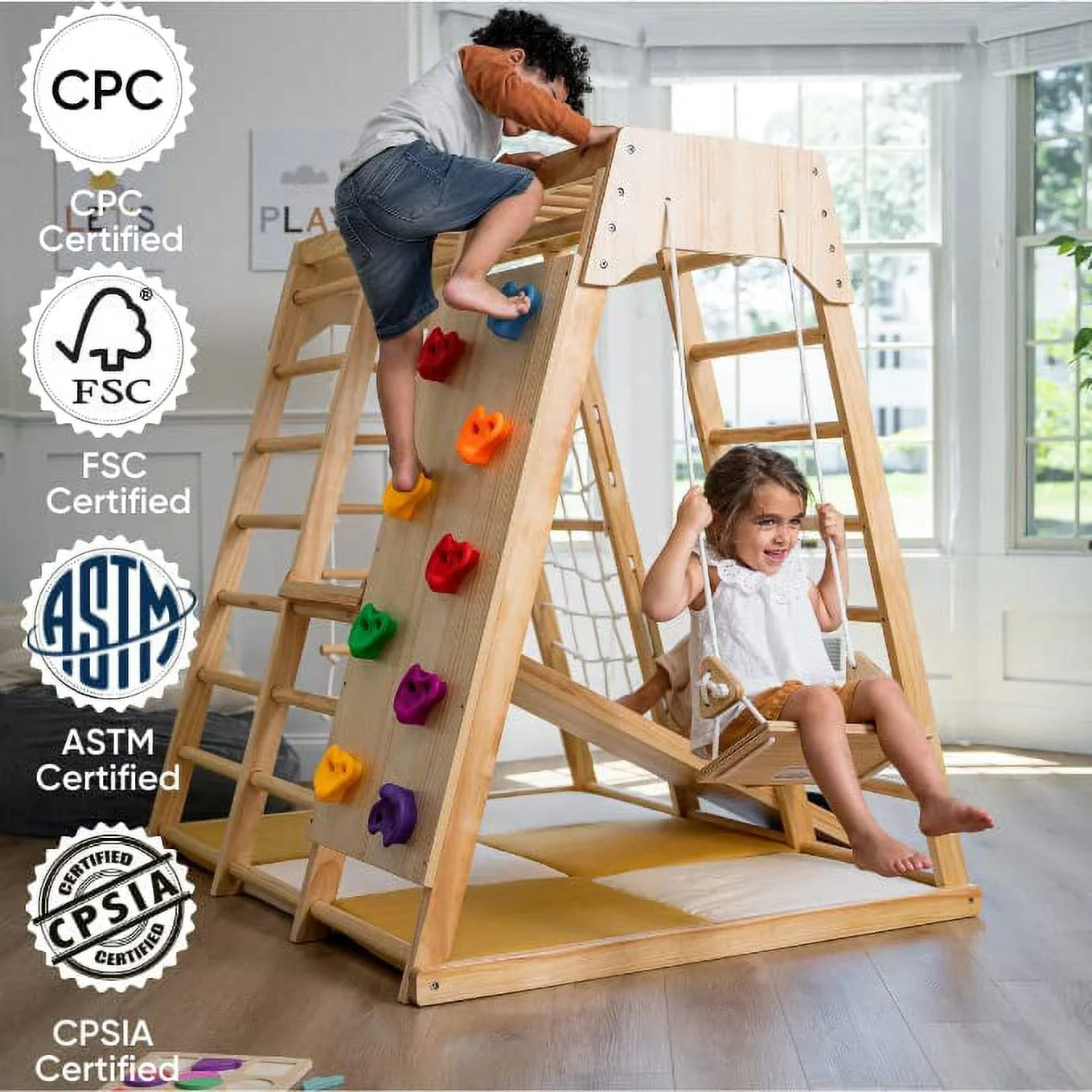 Avenlur Indoor Toddler and Child Indoor Gym Playground Climber Real Wooden Playset 6 in 1 Slide, Rock Climb Wall, Rope Wall Climbing, Monkey Bars, Swing, Ladder Fun Gym for Children Image 7