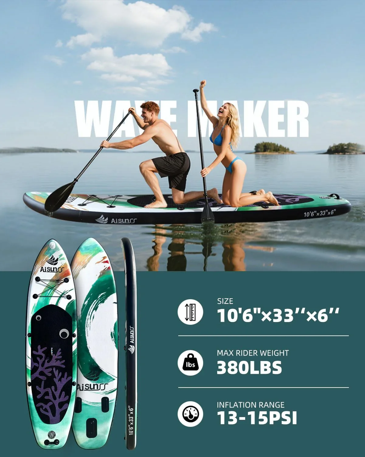 Planche de SUP gonflable large avec sac de transport, pompe à main et sac étanche de 10 L