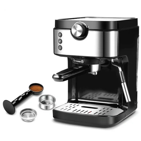 Steam Espresso Machine. Latte and Cappuccino Maker with Milk Frother. 20 Bar Italian Pump. Automatic Setting of Coffee Volume. 900ml Water Tank. Black Stainless. 1700W