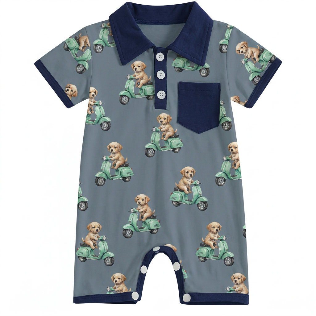 Half Button Placket Colorful Printed Cute Pattern Breathable Comfortable Cotton Fabric Baby Romper Summer Vacation Weekend Trip