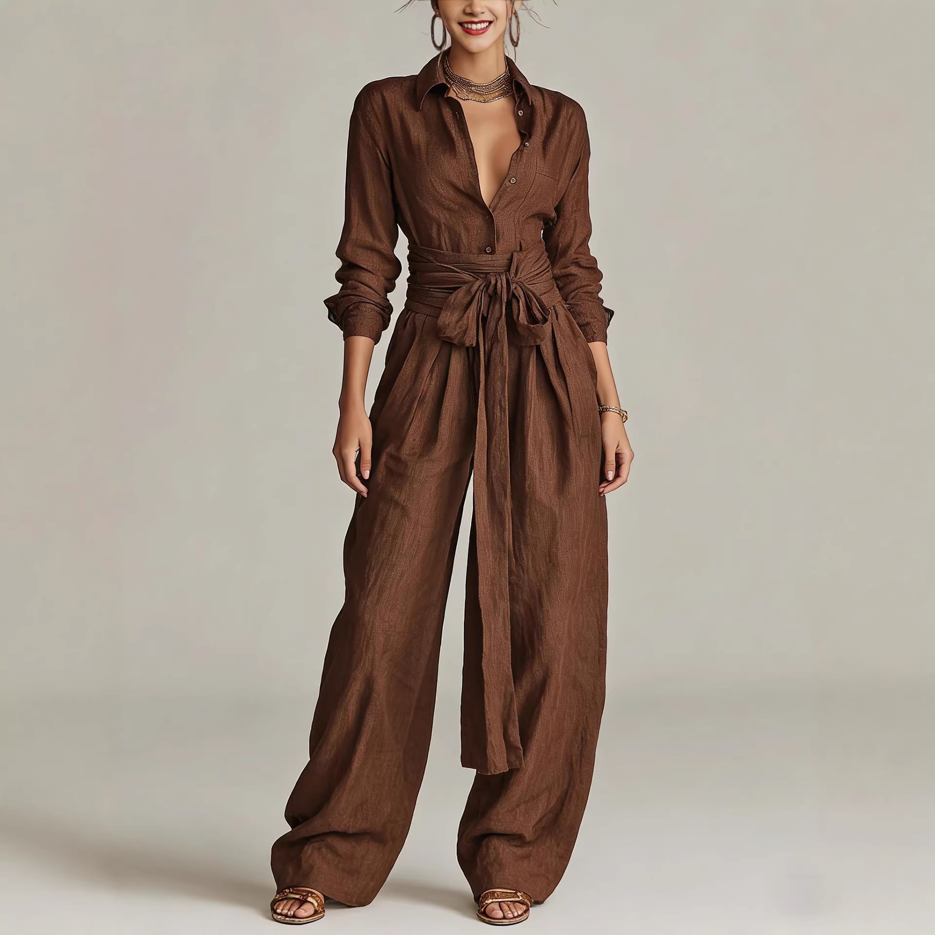 Cross-border independent station Amazon 2026 Spring Solid Color Lapel Top Fashion Casual High-Waisted Long Pants Two-Piece Set