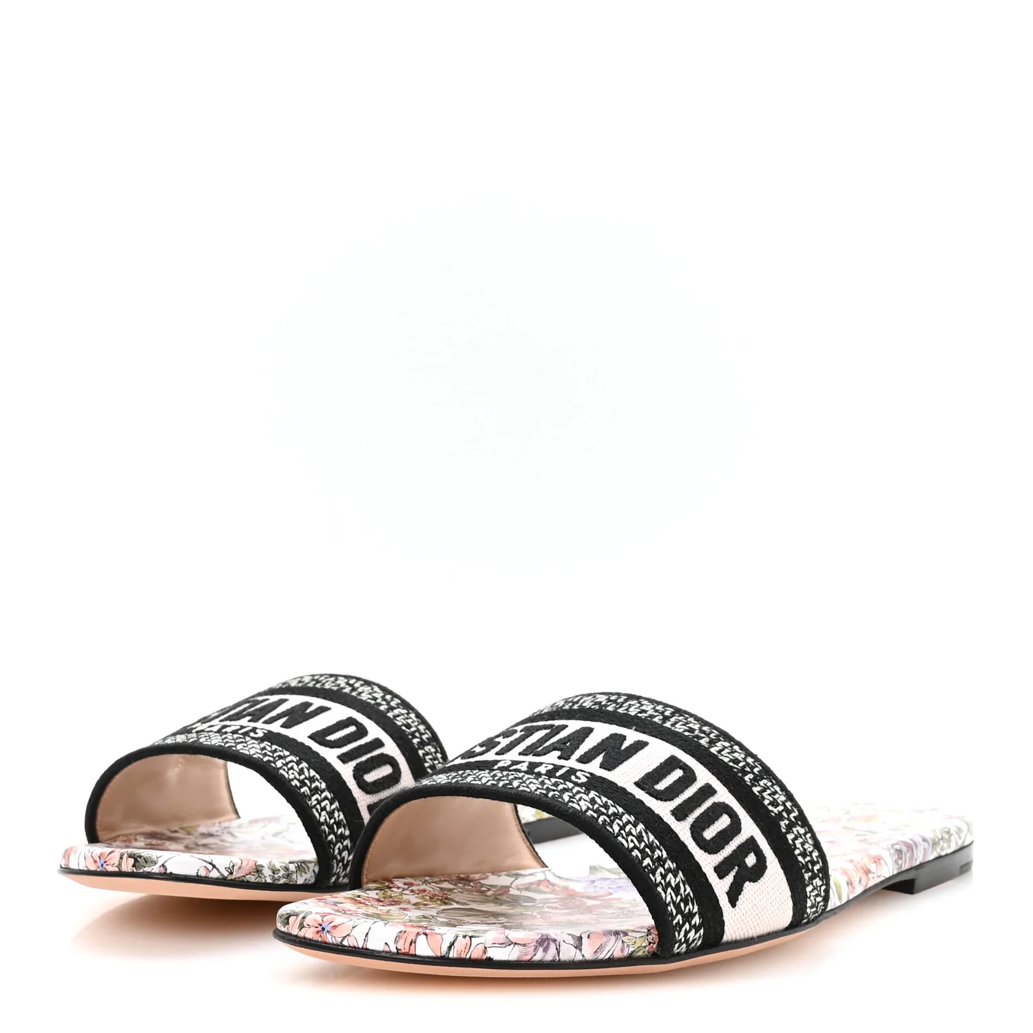 Canvas Embroidered D-Floral Dway Mules Slide Sandals 39.5 Off White Multicolor