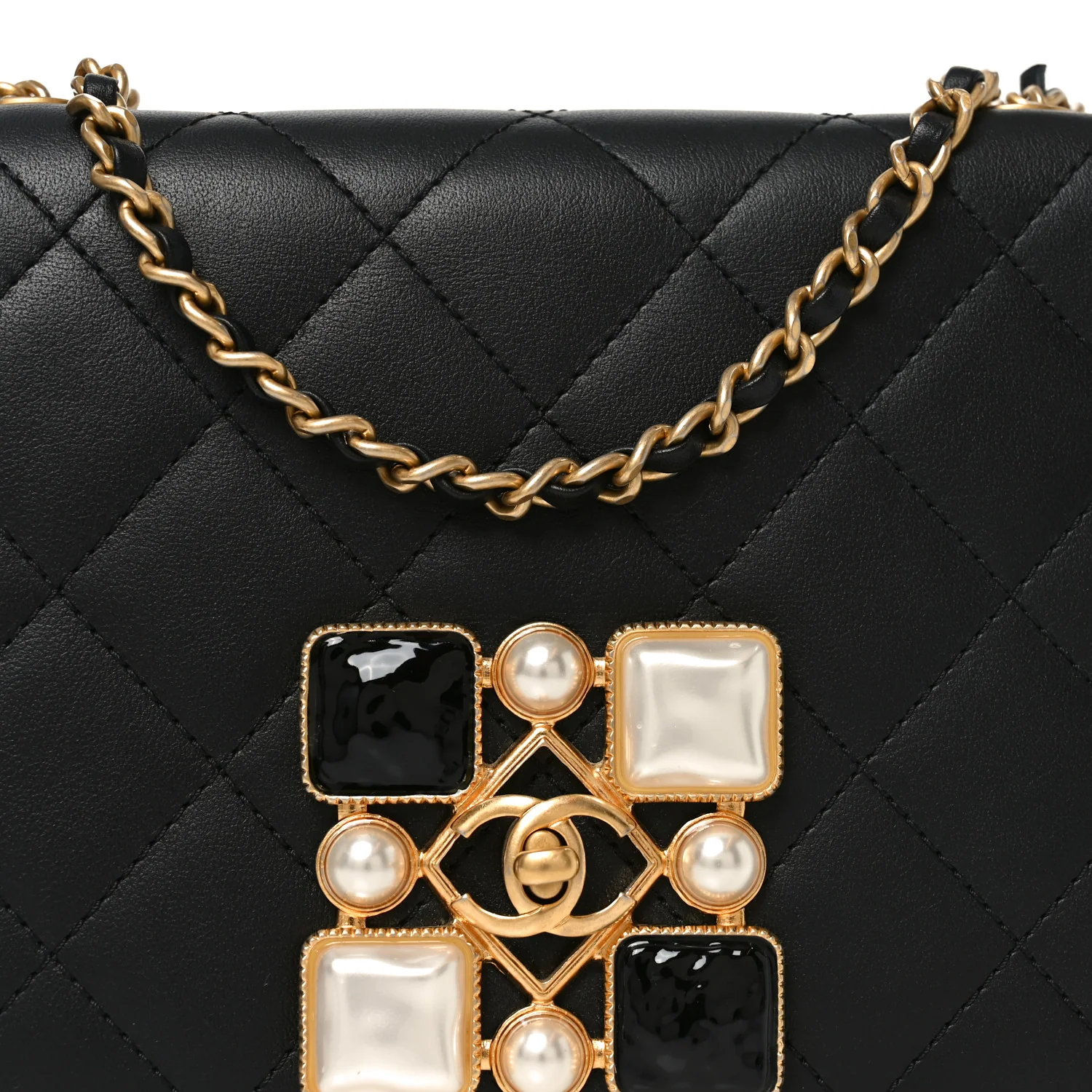Calfskin Quilted Crystal Pearl Small Flap Bag Black