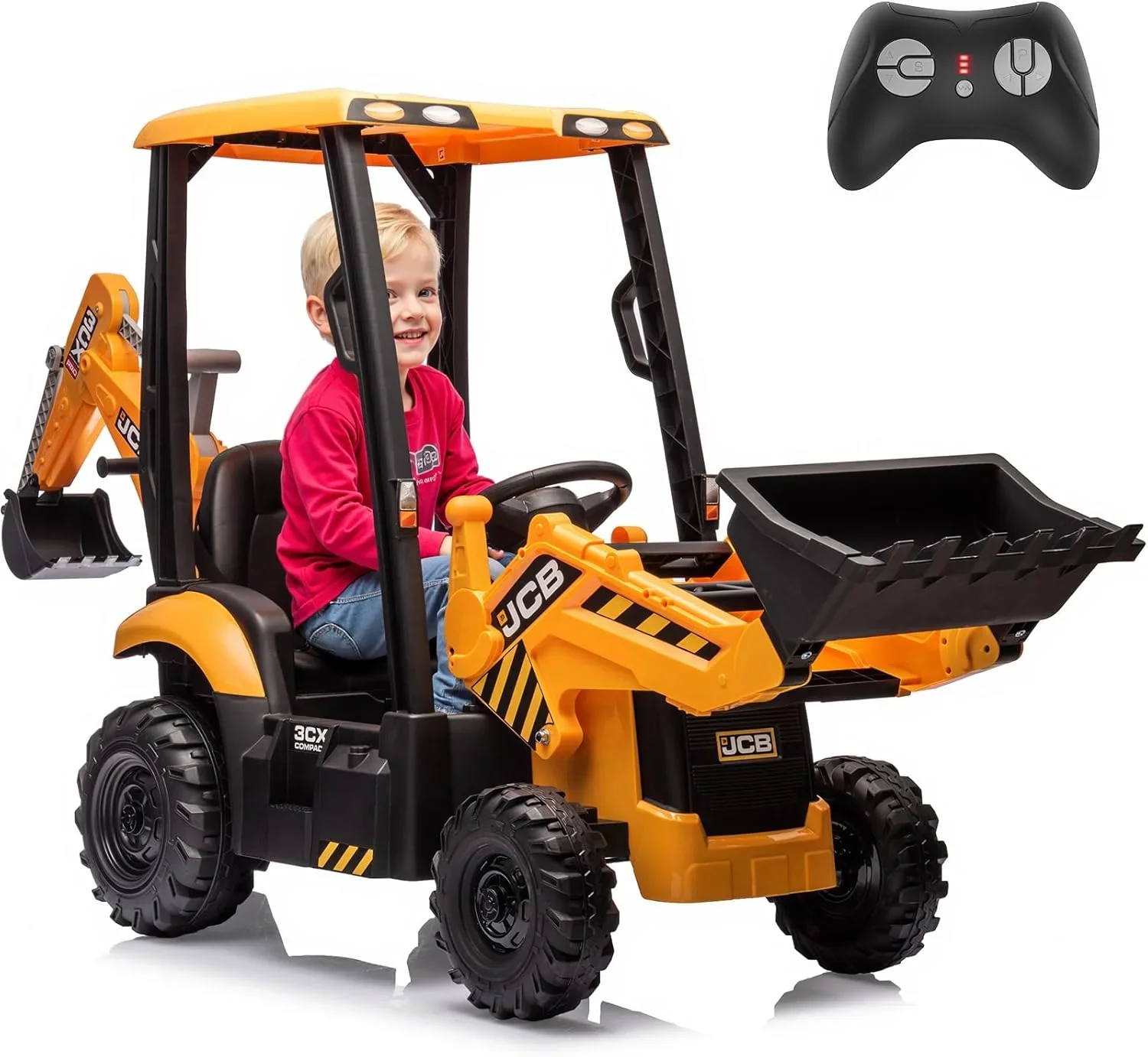 Pelle mécanique électrique JCB 12V pour enfants de 4 à 8 ans avec tracteur intégré