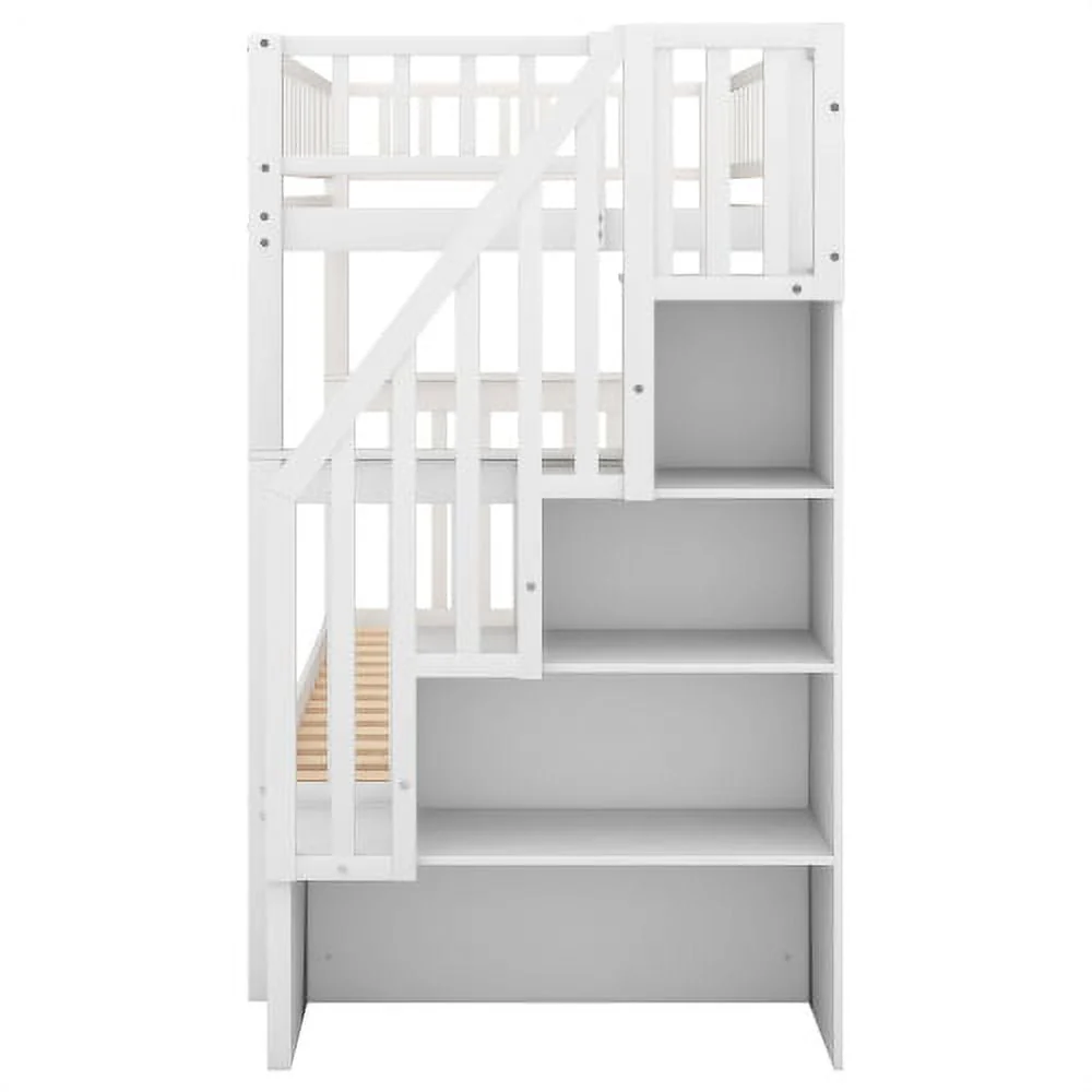 Twin over Twin Bunk Bed with Trundle and Storage Space, Convertible 3 Separate Beds Bunk Bed Frame with Full Length Guardrails and Storage Staircase, Solid WoodenTwin Bunk Bed for Girls, Boys, White - Image 7