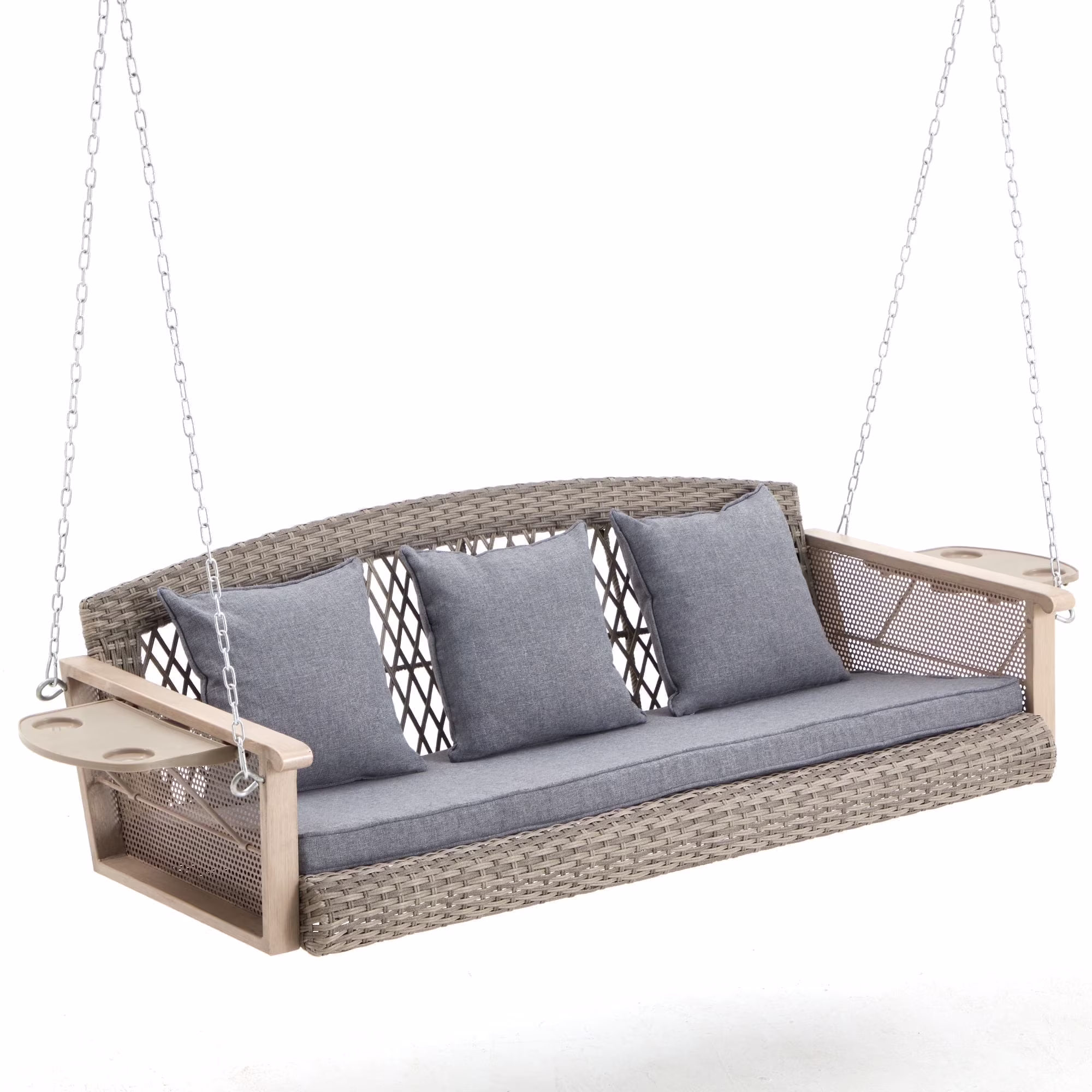 3-Person Porch Swing 55in Wicker Hanging Swing Bench with Cushions and Cupholders for Deck, Garden and Backyard, Beige(Beige) - Image 5