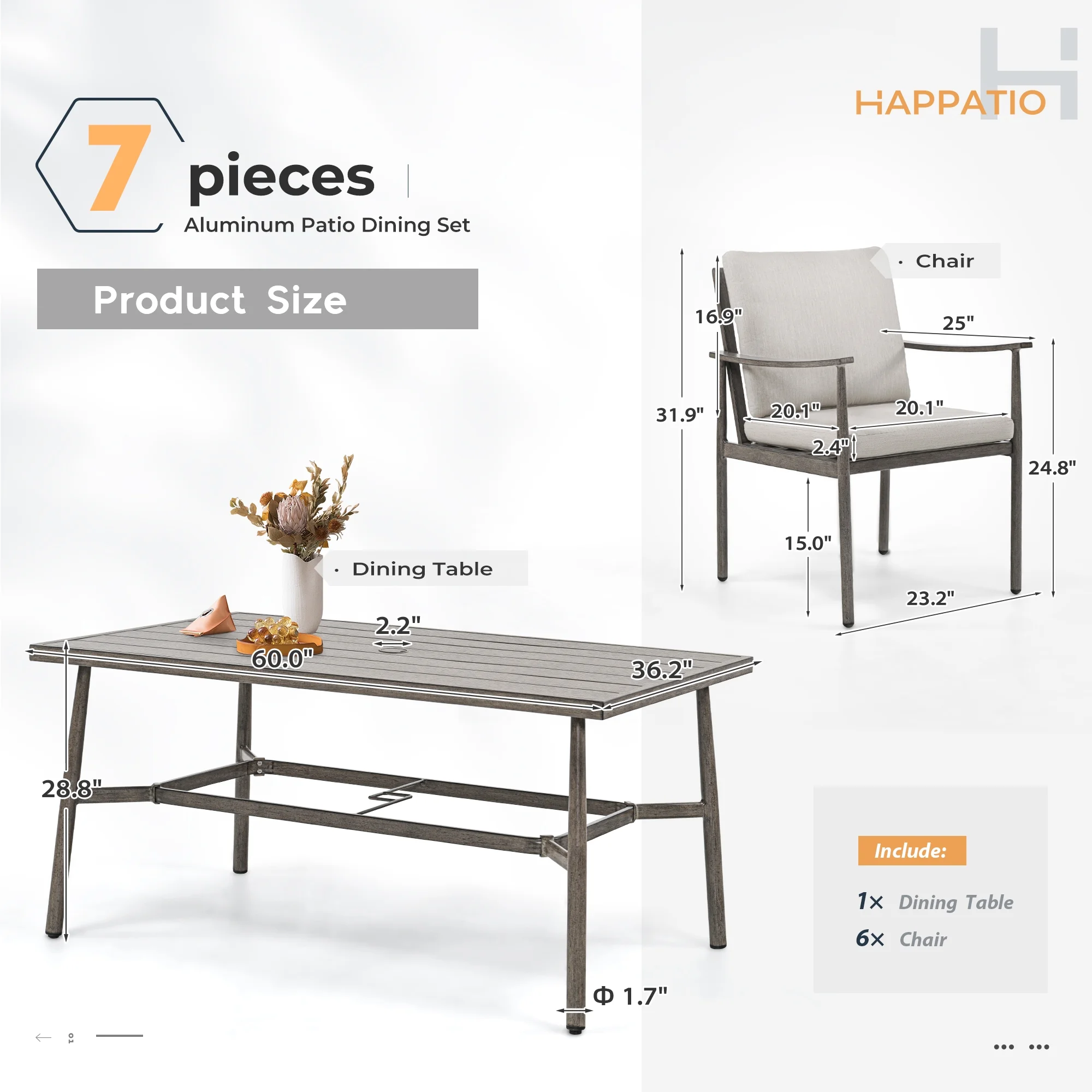 HAPPATIO 7 - Piece Outdoor Dining Set for 6, Aluminum Patio Dining Set Includes 6 Dining Chairs and 1 Large Rectangular Table with Umbrella Hole, Patio Furniture Set for Lawn, Porch, Backyard, Grey