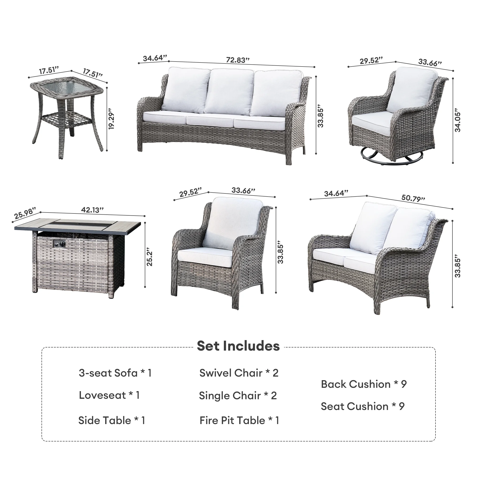8 Pieces Outdoor Patio Furniture Sectional Sofa All-weather Conversation Set with Swivel Rocking Chairs and Fire Pit Table for Garden,Poolside,Gray(Gray/Gray) - Image 2