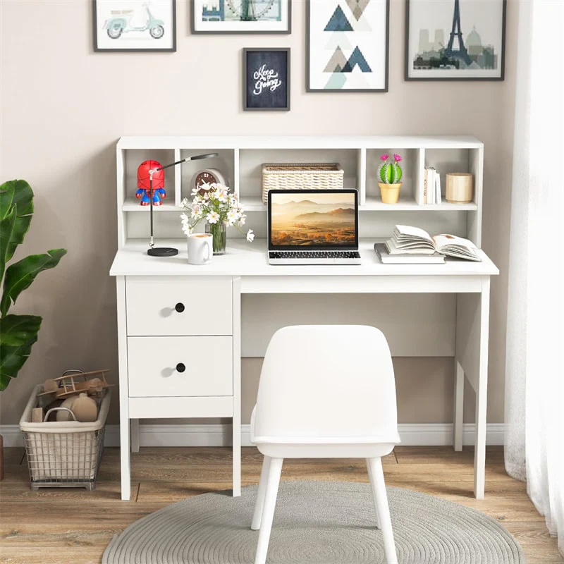 48" Home Office Desk with Power Outlets, USB & Type-C Charging Station, Modern Writing Desk w/ 5-Cubby Hutch & Drawers for Study Makeup Vanity