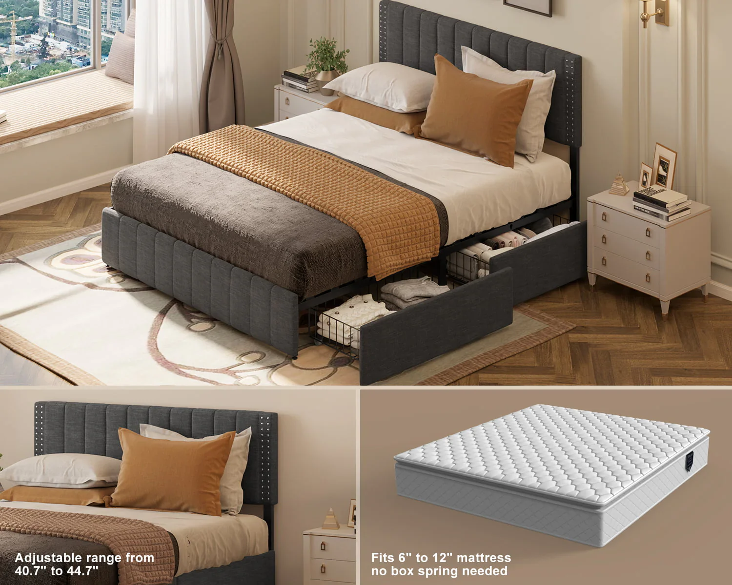 Lofka Queen Bed Frame with Drawers and Adjustable Headboard 880lbs No Box Spring Dark Gray