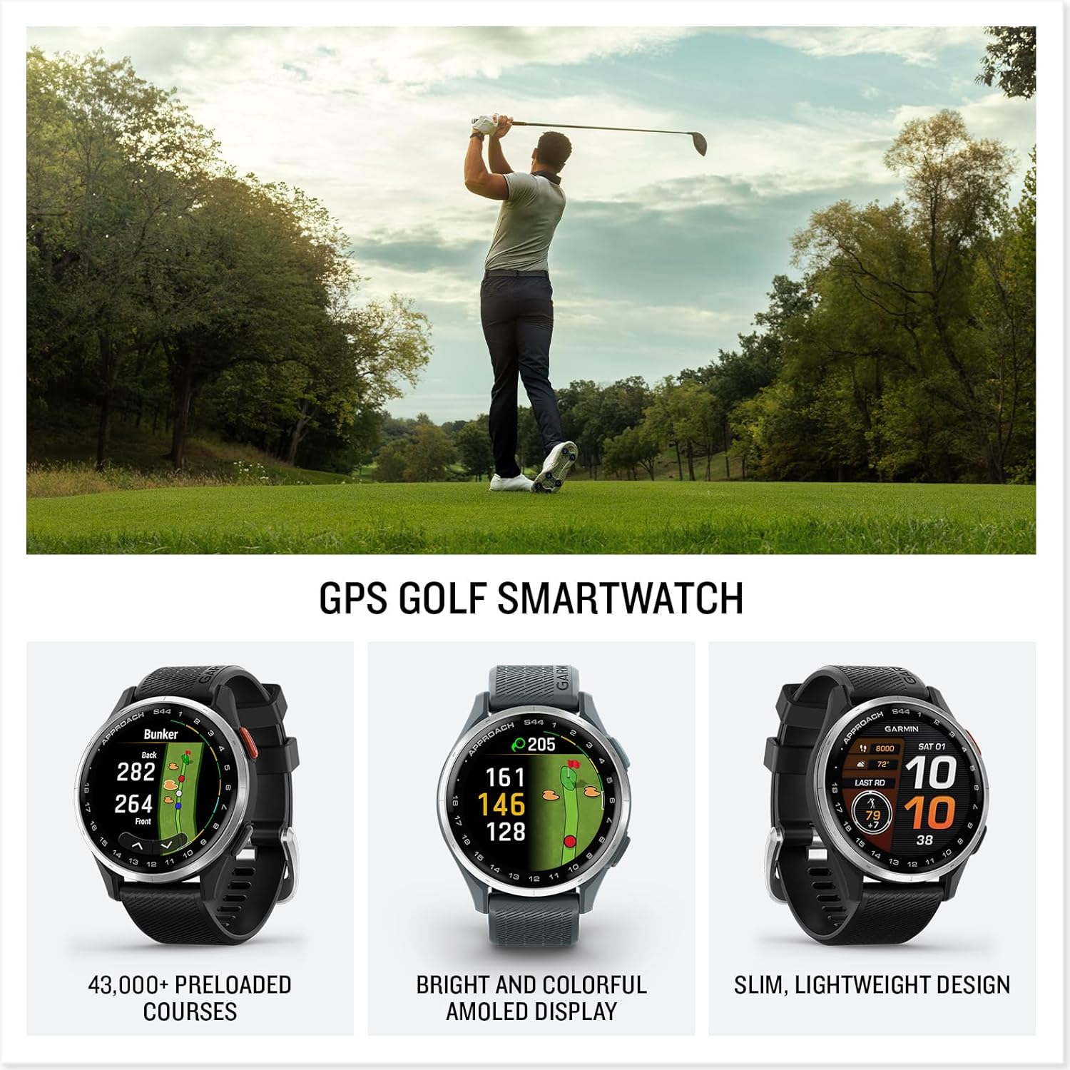 Garmin Approach® S44  Essential Golf GPS Smartwatch  AMOLED Display  On-Course Features  Silver Aluminum Bezel with Black Silicone Band