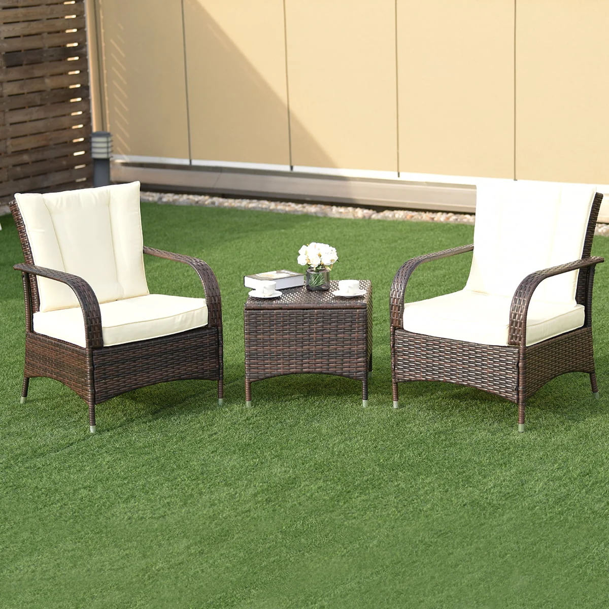 Topbuy 3 Pieces Outdoor Patio Rattan Conversation Set Garden Lawn Wicker Sofas
