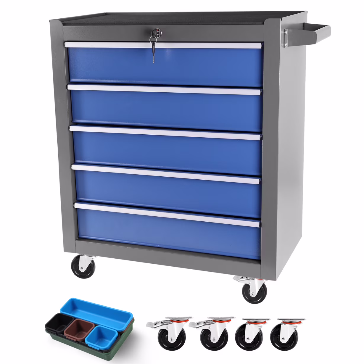 Rolling Tool Box With 5-Drawers, tool Chest with wheels with Keyed Locking System and Drawer, Liners, Tool Caet with Link Buckle and can be Combined to Large Cabinet Set, for Warehouse, Garage