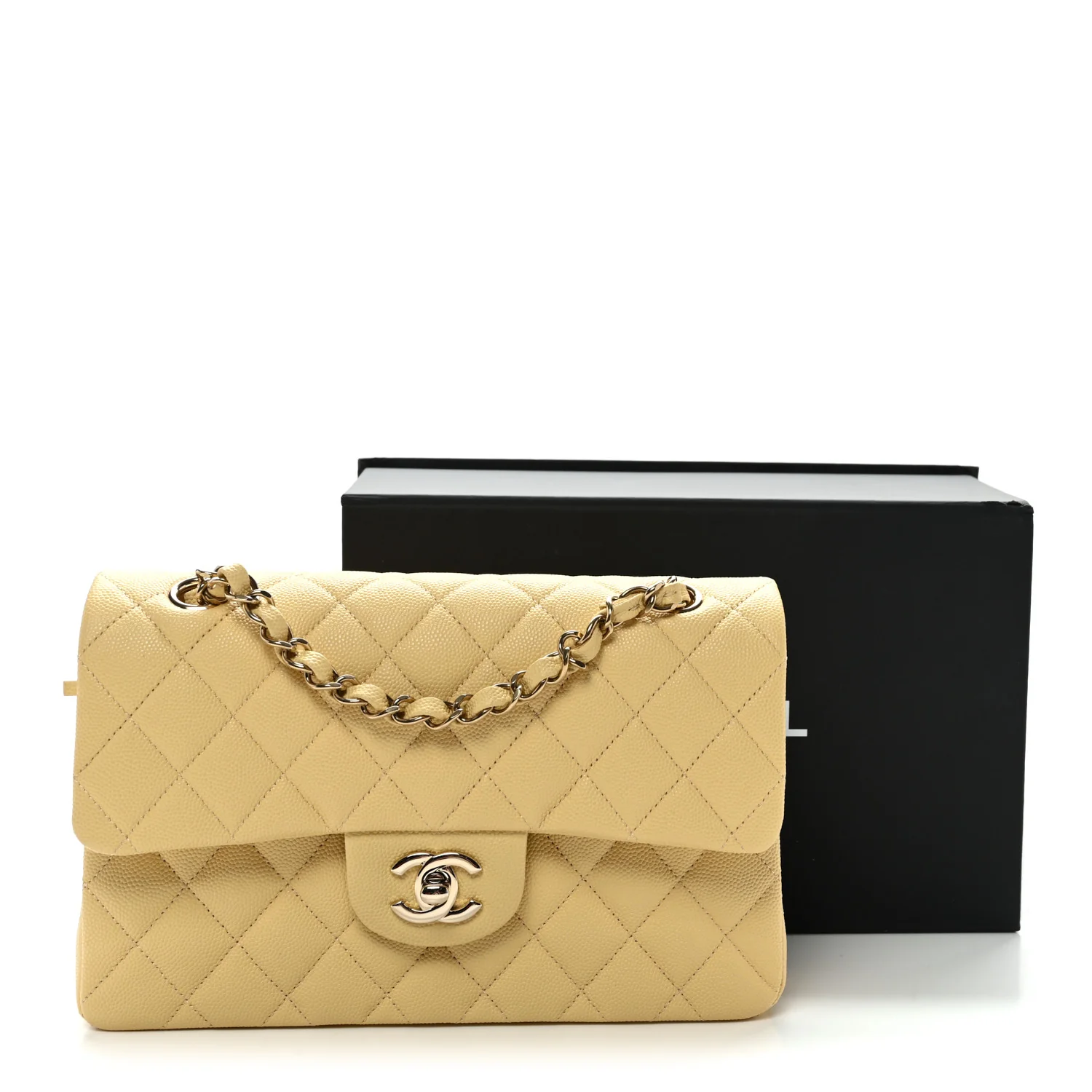 Caviar Quilted Small Double Flap Light Yellow