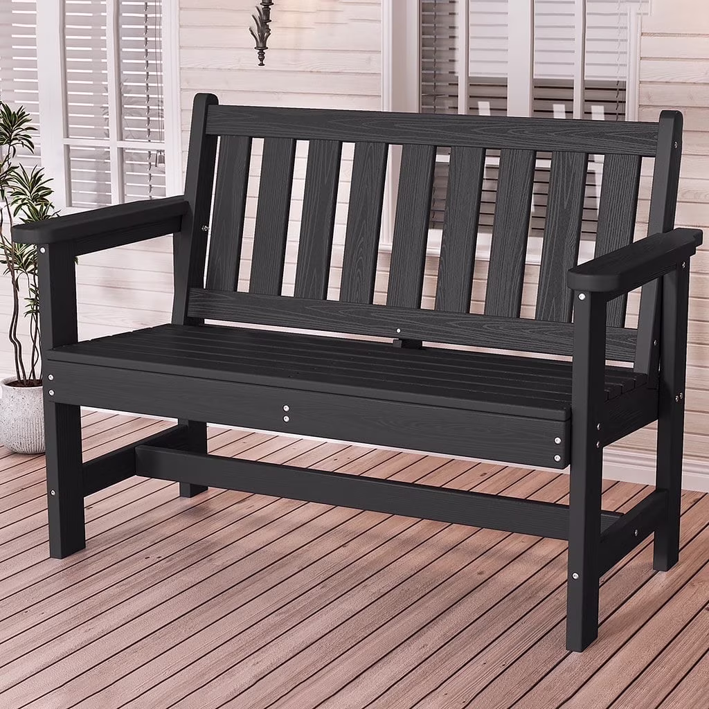 SERWALL Outdoor Bench for 2 - Person, Weather - Resistant HDPE with Aluminum Reinforcement, Supports 660 lb, Comfortable Seating for Patio, Garden, and Porch, Black