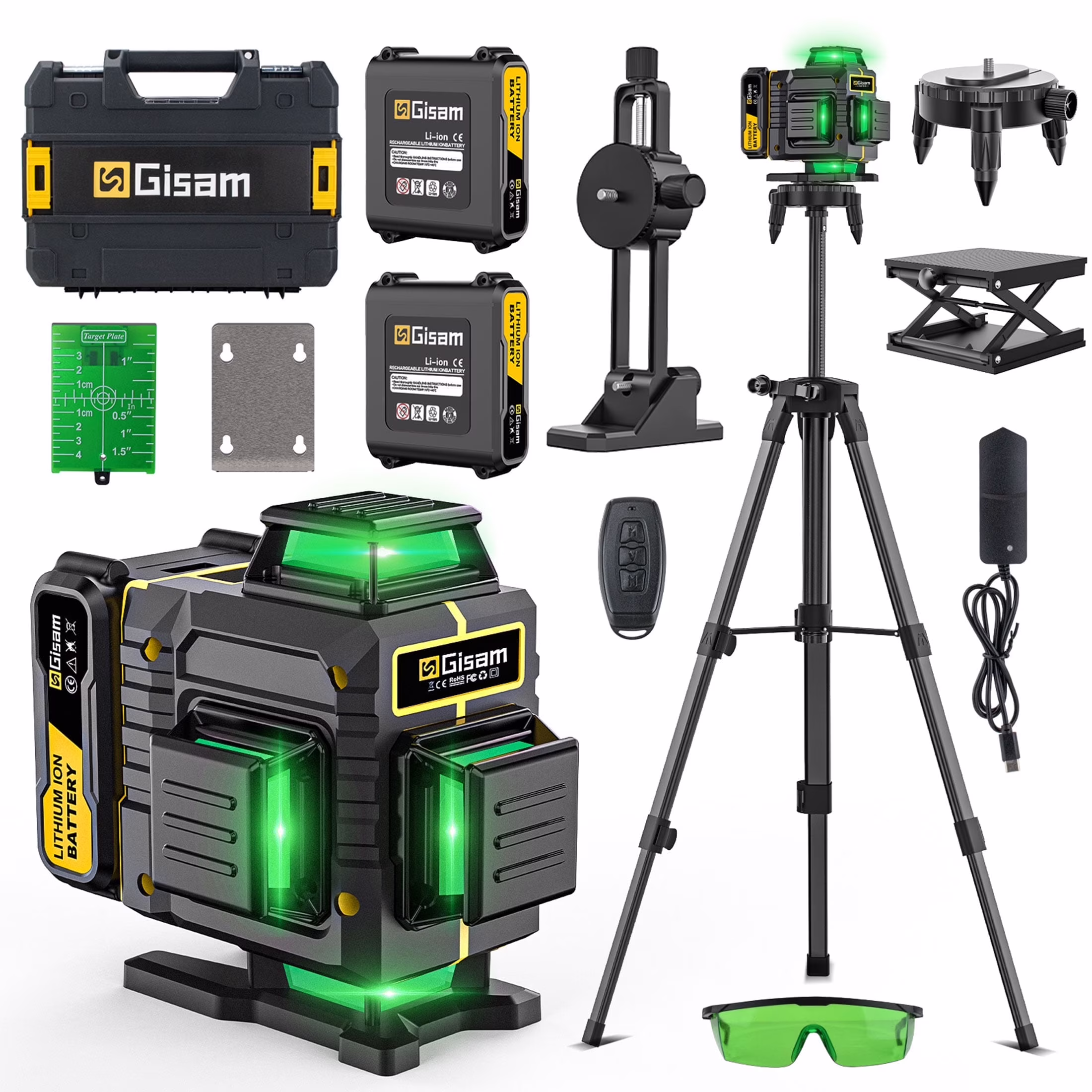 Gisam Laser Level with Tripod , 4x360�� Self-Leveling Green Cross Line 4D Laser Tool with Remote Control & 2* 4800mAh Battery