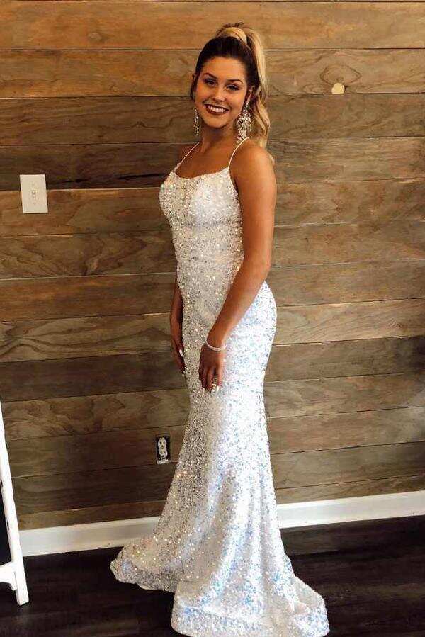 Sparkly Spaghetti Straps Sequined Mermaid White Formal Prom Dress DMP022