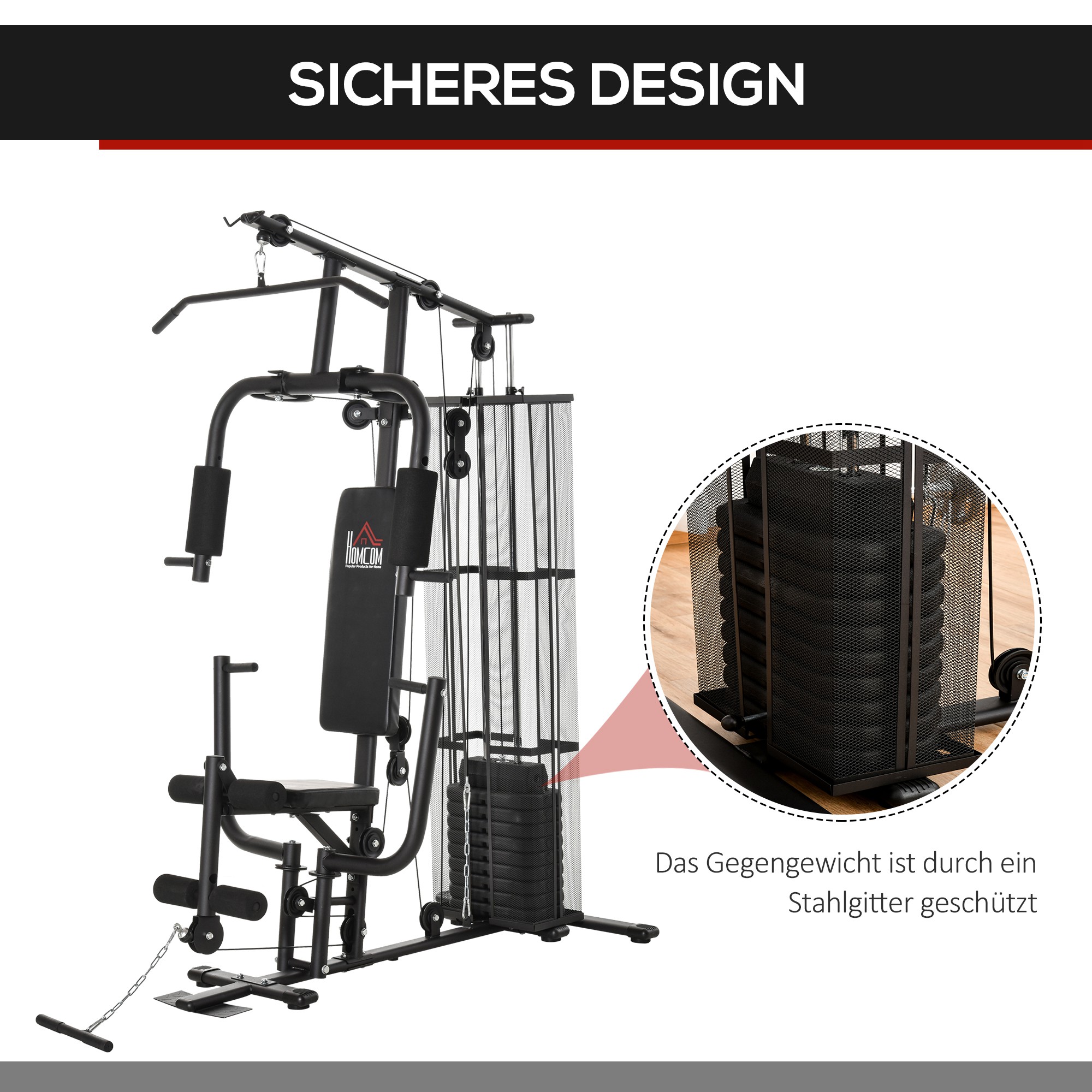 HOMCOM Gym Krachtstation Fitnessstation Multigym Fitnesscentrum Fitnessapparatuur incl. gewichten Latzug Beincurl Metaal PU-kunstleer zwart 150 x 110 x 210 cm