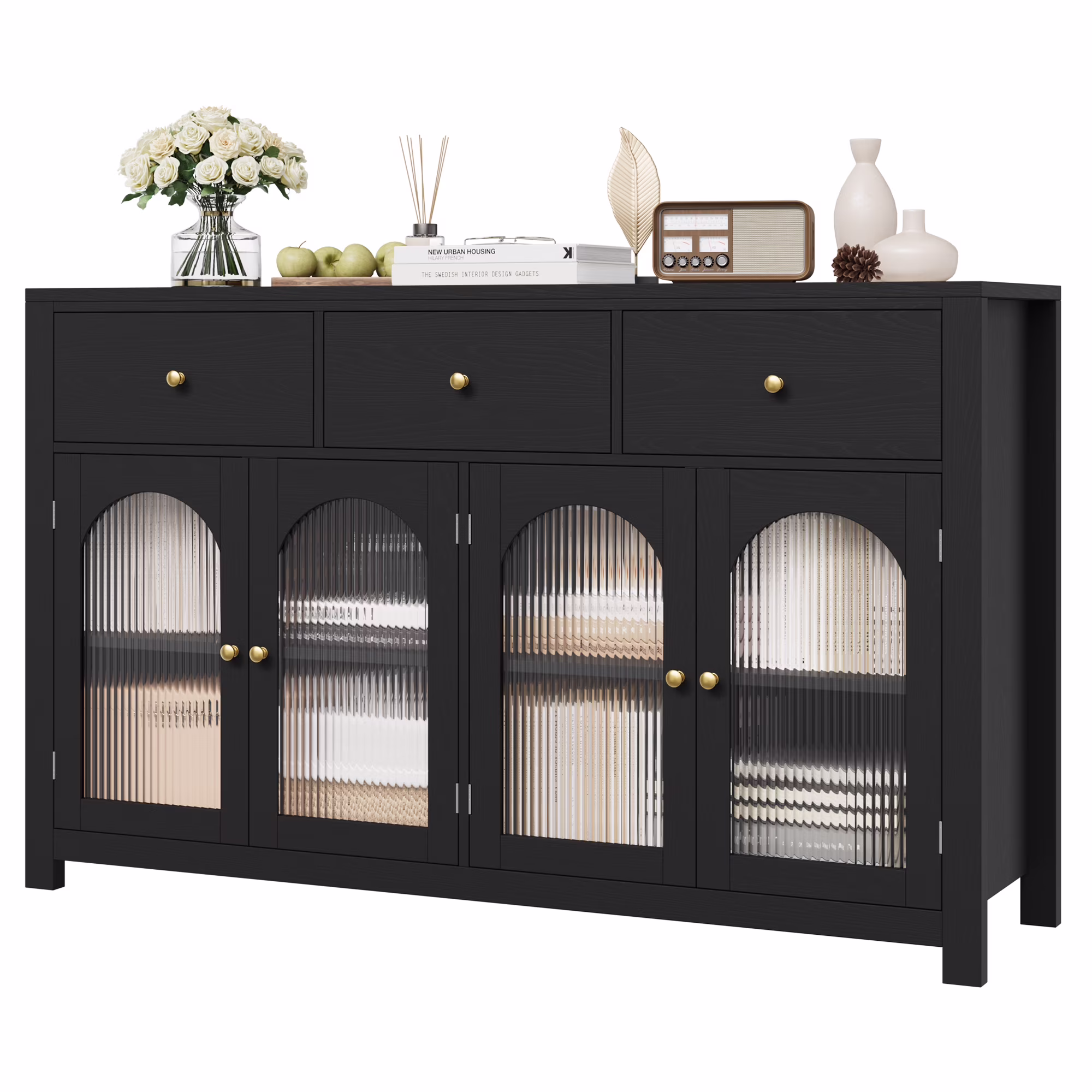 55'' Large Sideboard Buffet Cabinet, Kitchen Storage Cabinet with 3 Drawers and 4 Glass Doors, Wood Coffee Bar Cabinet for Living Room, White(White) - Image 3
