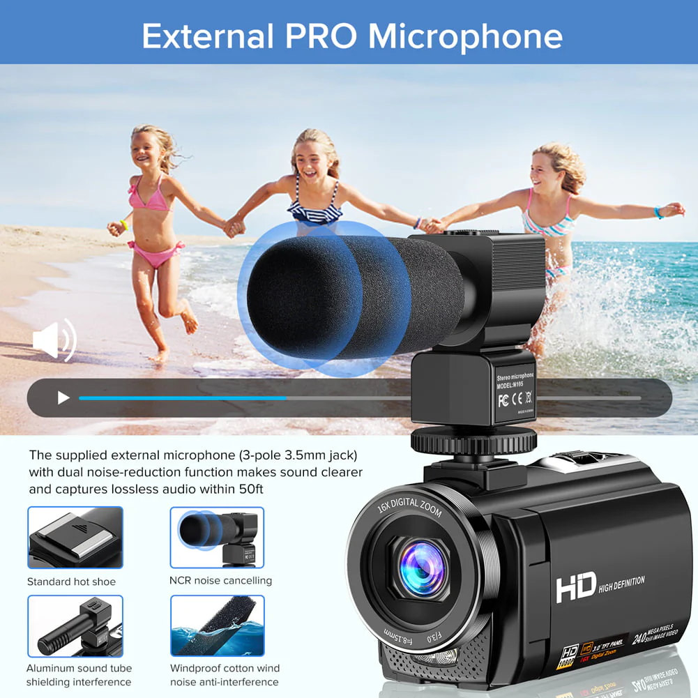 Video Camera Camcorder YouTube Vlogging Camera FHD 1080P 30FPS 24MP 16X Digital Zoom 3" LCD 270 Degrees Rotatable Screen Digital Camera Recorder with Microphone,Remote Control,2 Batteries - Image 3