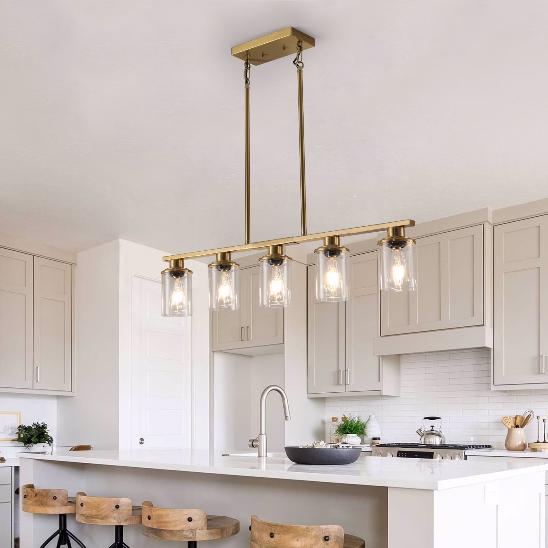 5-Light Kitchen Island Pendant Light, Farmhouse Industrial Chandeliers with Two Metal Rod Supports, Rectangular Island Lights for Kitchen, Living Room, Walnut/Black