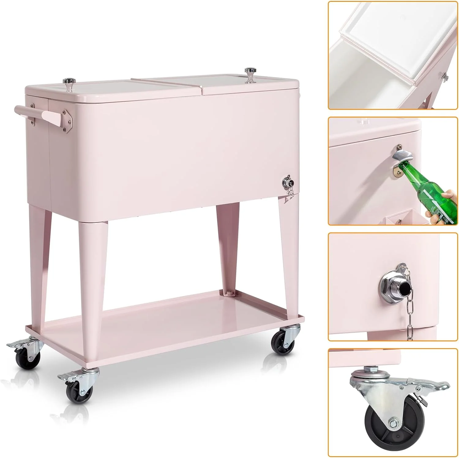 80 Quart Rolling Ice Chest, Portable Bar Drink Cooler with Catch Basin, Bottom Storage Tray and Bottle Opener for Patio Party BBQ Beach Activities(Pink) - Image 7