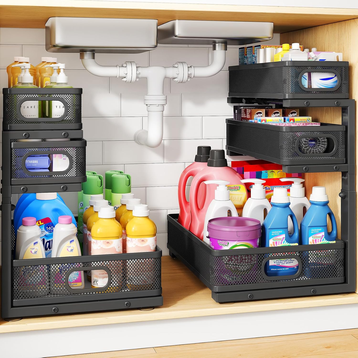Under Sink Organizer, 3-Tier Thickened Metal Pull Out Cabinet Organizer Shelf, Height Adjustable Slide Out Storage Drawer Rack for Kitchen Bathroom Pantry Laundry Home Organization, 2-Pack, Black