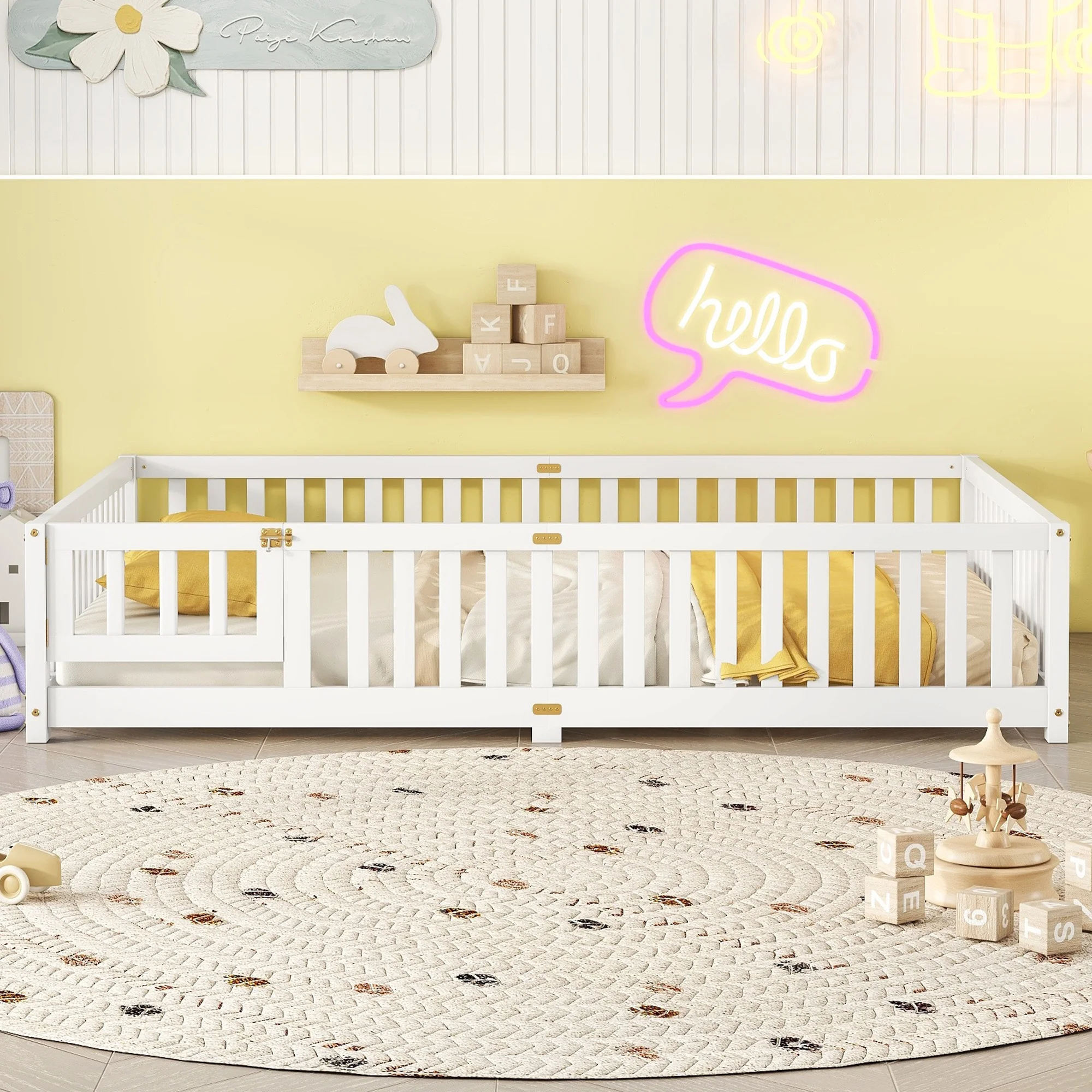 Twin Size Bed Floor Bed with Safety Guardrails and Door for Kids Toddlers, Natural(Twin/Natural) - Image 10