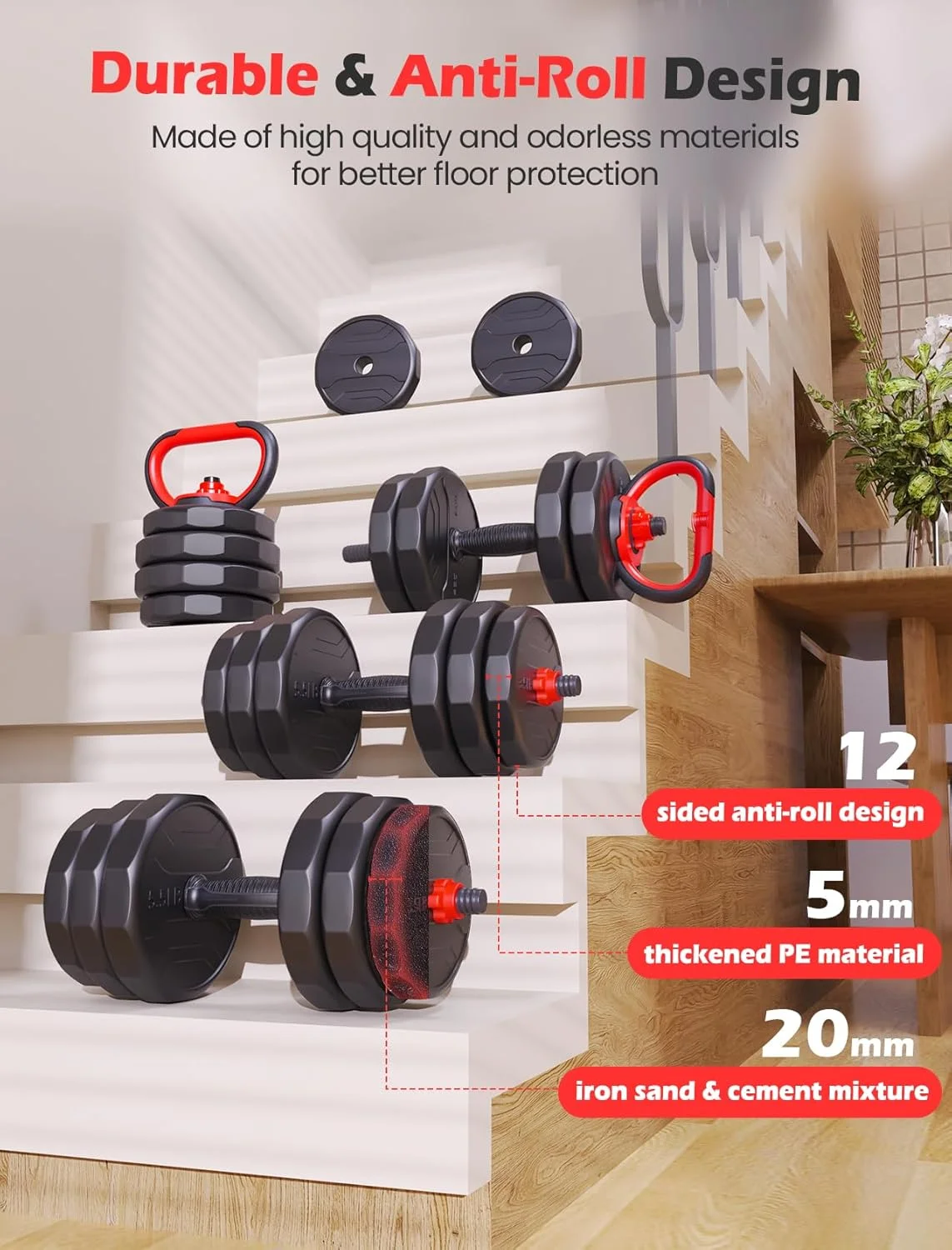 90lbs Free Weight Set with Connector, 6 in1 Dumbbells Set Used as Barbell, Kettlebells, Push up Stand, Fitness Exercises for Home Gym Suitable Men/Women(90 lb) - Image 10