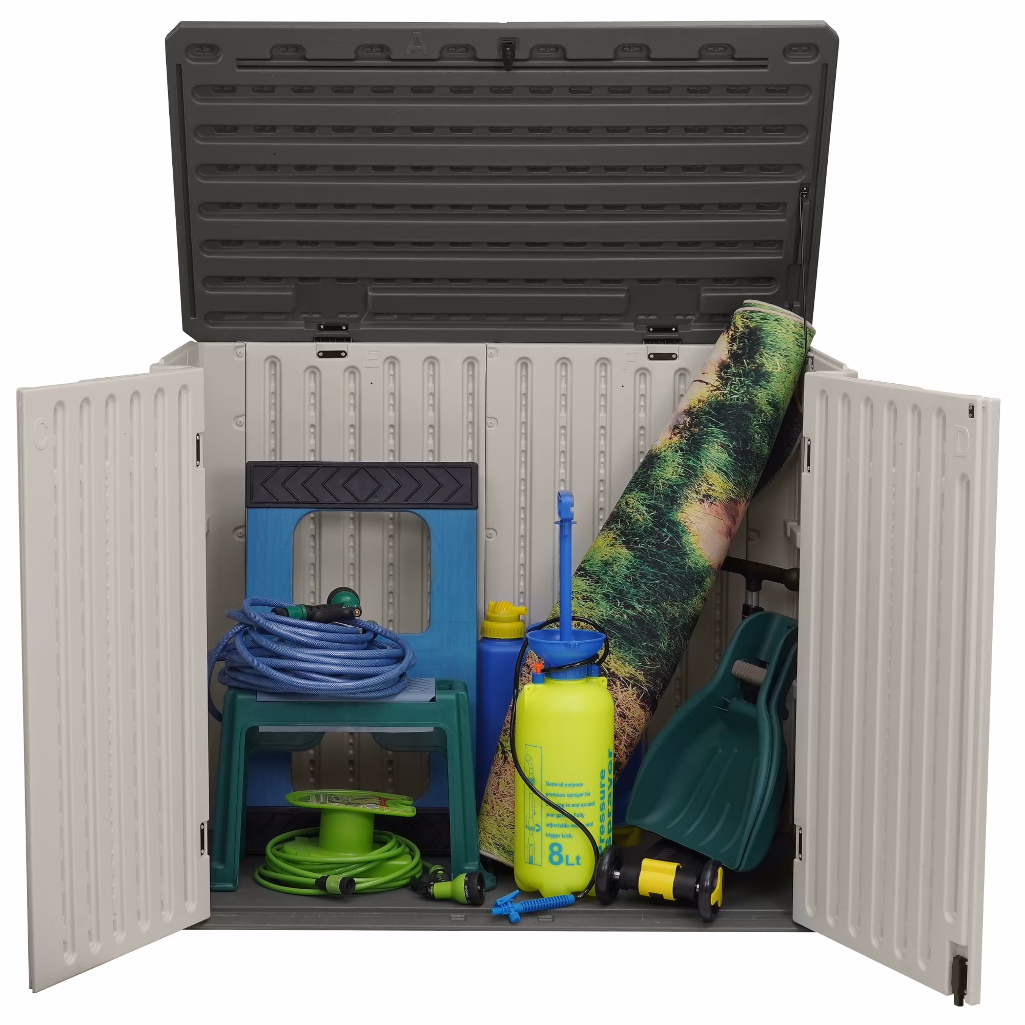 EHHLY Horizontal Resin Storage Shed, 47 Cuft Garden Tool Sheds & Outdoor Storage, Outdoor Plastic Storage Cabinet Waterproof, 4.5 x 2.8 ft Backyard Outside Lawn Mower Storage Shed, Vanilla