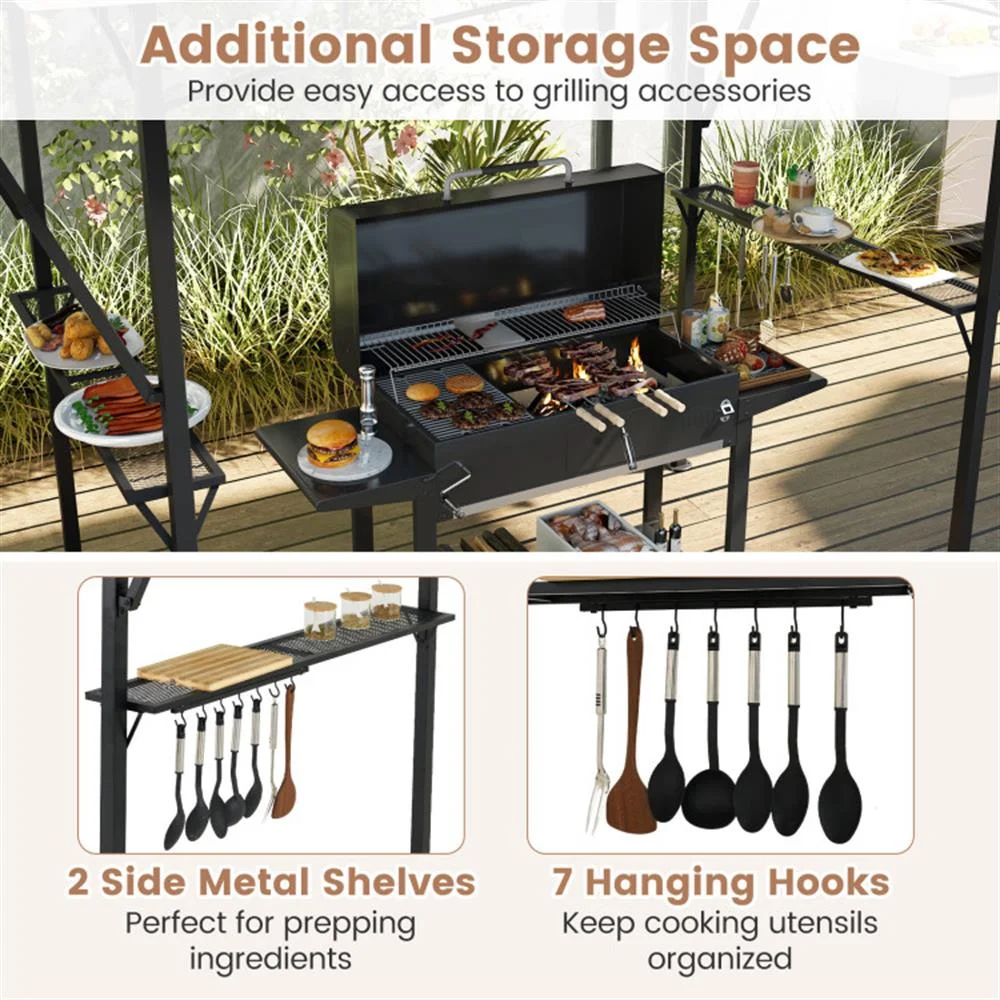 Resenkos Outdoor Garden Gazebo, Sunshade Gazebo Canopy,13 x 5 Feet Grill Gazebo with Dual Side Awnings and 2 Shelves Adjustable Shadow-Coffee