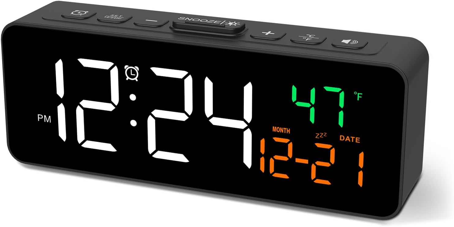 Netzu 3-in-1 Digital Clocks for Living Room, Small & Compact Alarm Clock| Temperature, Date & Time Display, 4 Brightness Levels, 3 Volume Levels, Plug-in, for Bedroom, Office