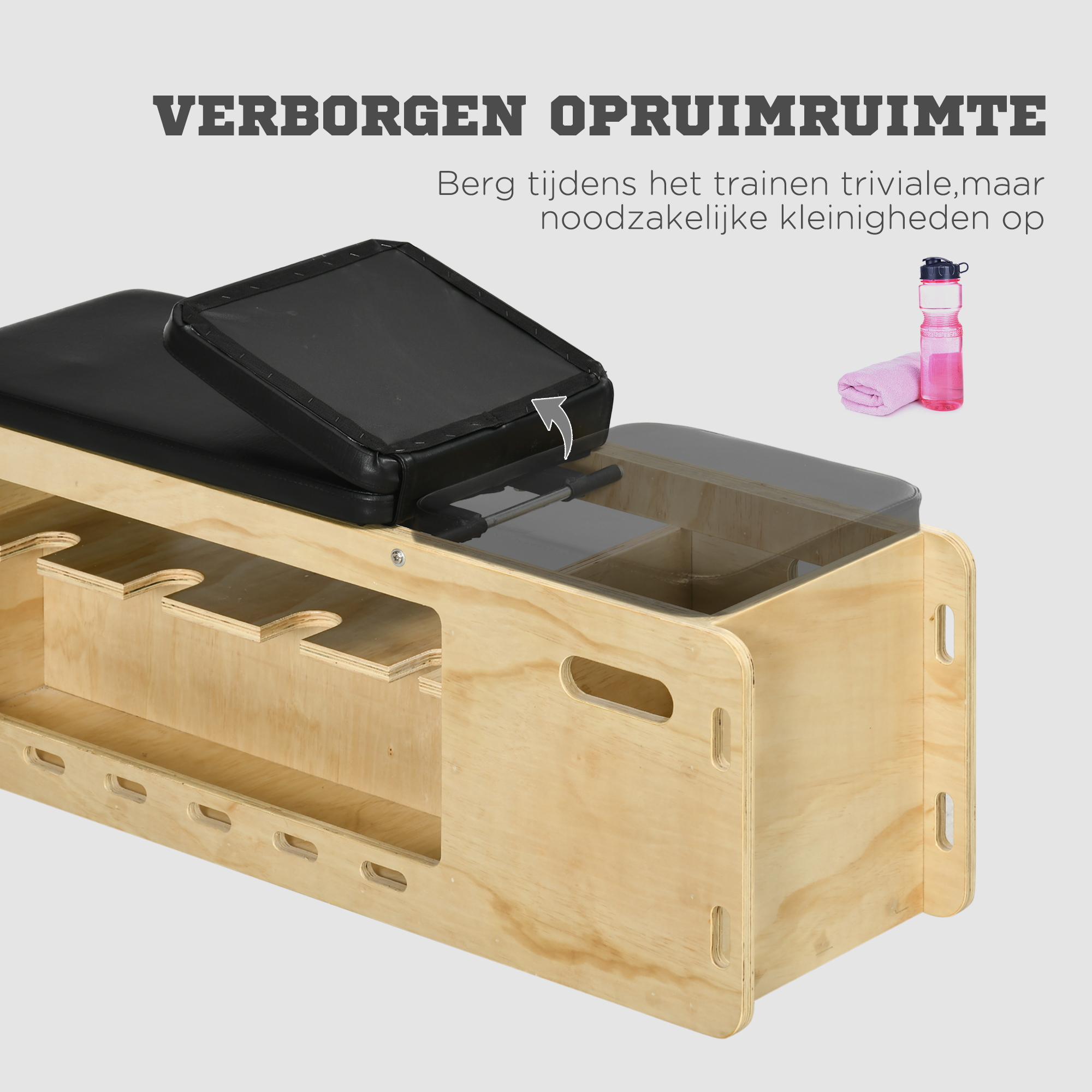 HOMCOM Halterbank met halterrek, 1 opbergmand, verstelbaar in 6 posities, massief hout, naturel + zwart