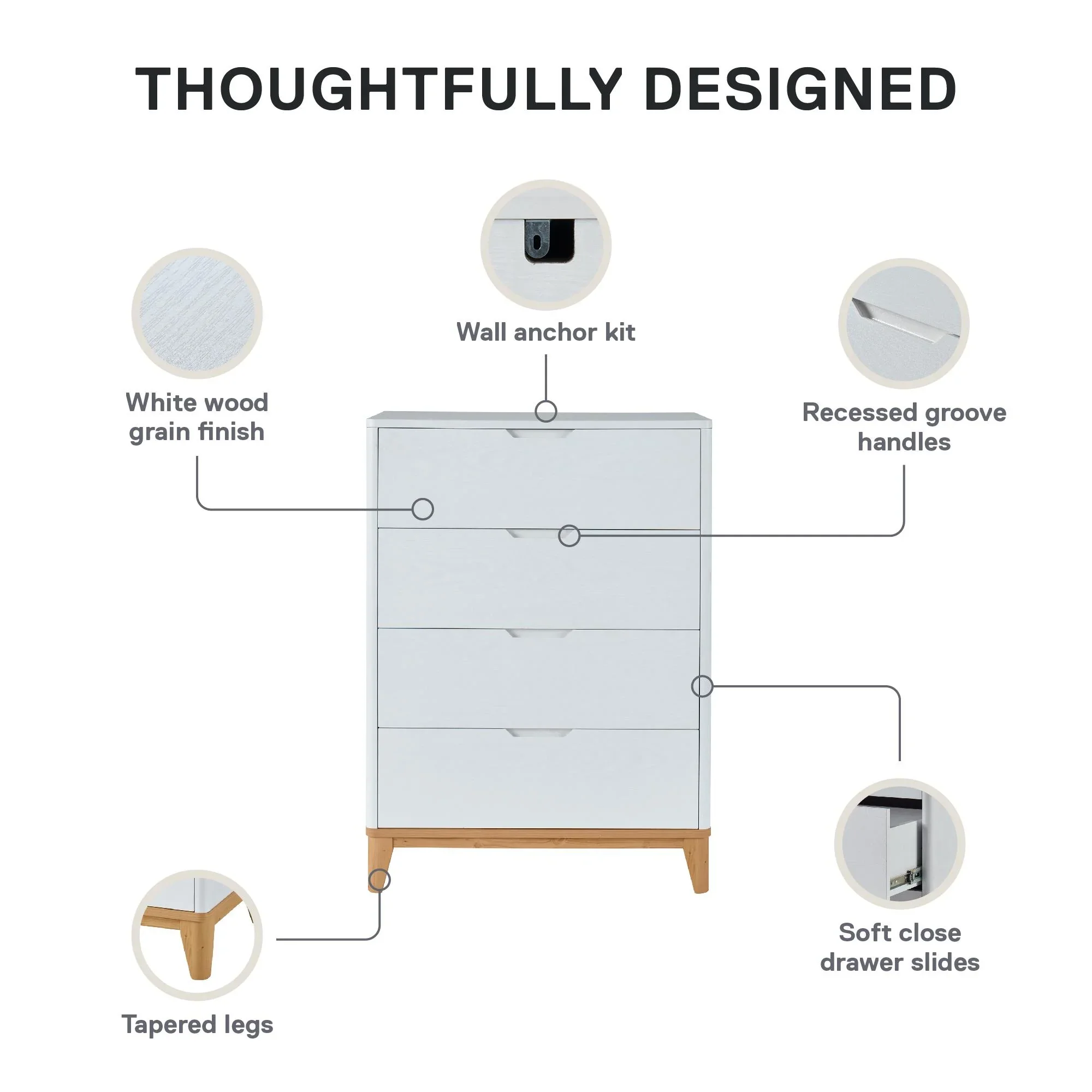 Better Homes & Gardens Leighton 4 Drawer Dresser, White and Natural