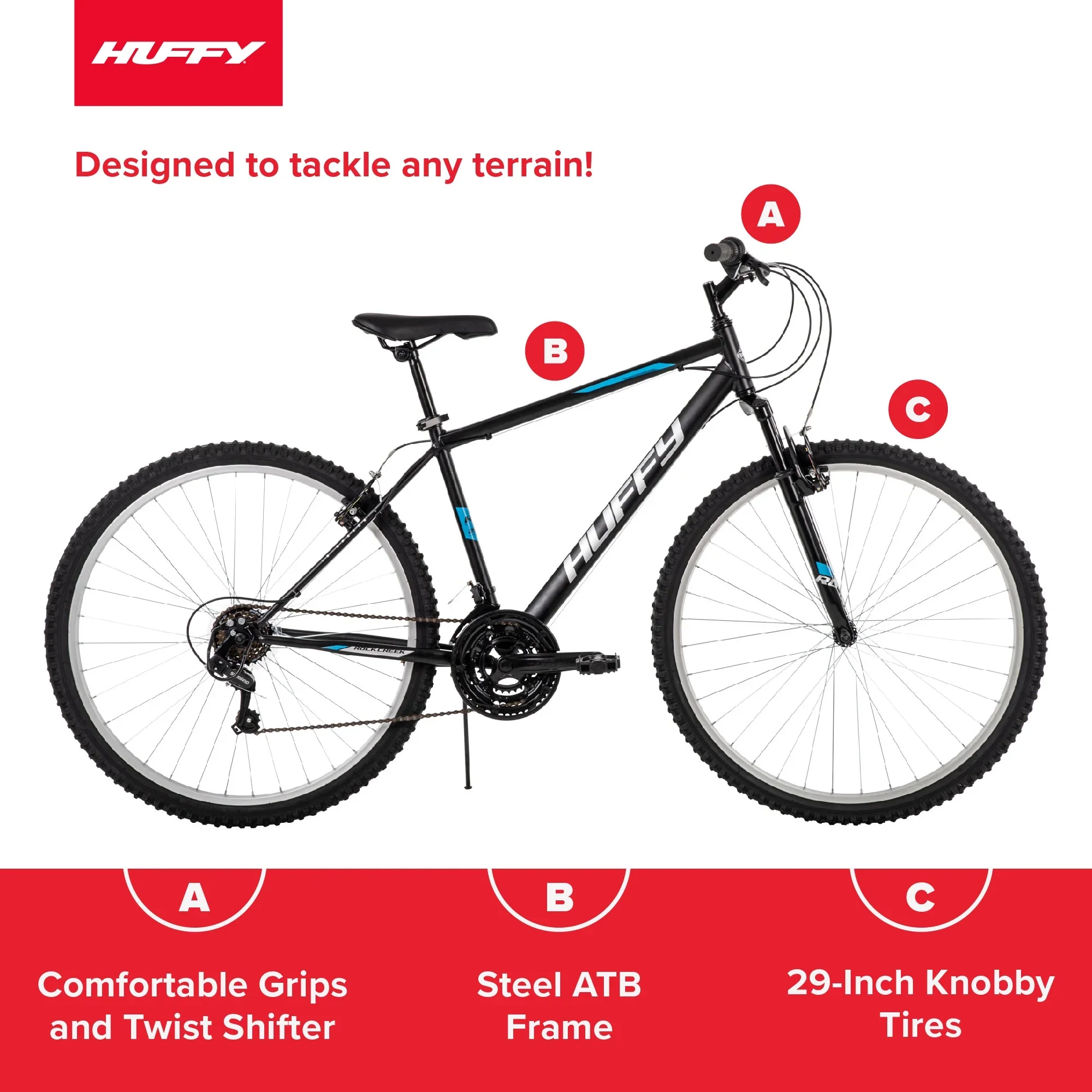 Huffy 29 Rock Creek Mountain Bike, Fits Riders 5'0+, Matte Black, Adult, Men's