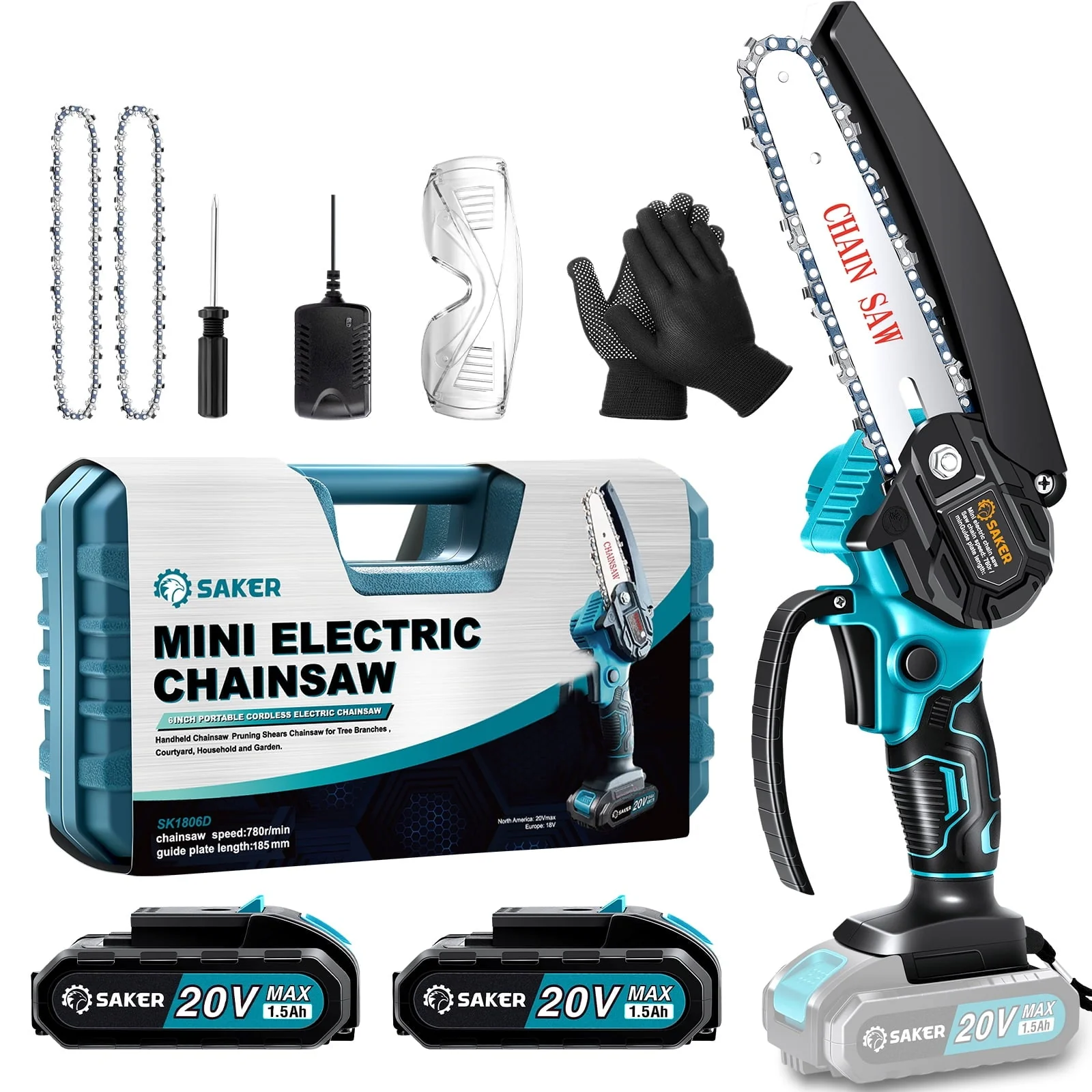 Saker 6 in Mini Chainsaw, Handheld Pruning Chainsaw, Electric Cordless Chainsaw for Tree Branches, Courtyard, Household & Garden, with 2PCS 20V 1500mah Batteries & 3 PCS Chains