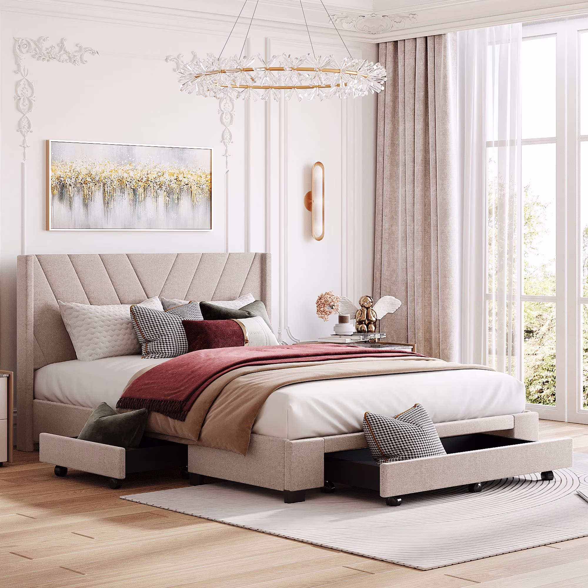 Queen Bed Frame with Storage, New Upgraded Linen Upholstered Platform Bed with 3 Drawers, Queen Size Storage Bed with Headboard and Wooden Slats, No Box Spring Needed, Holds 500lbs, Beige(White)