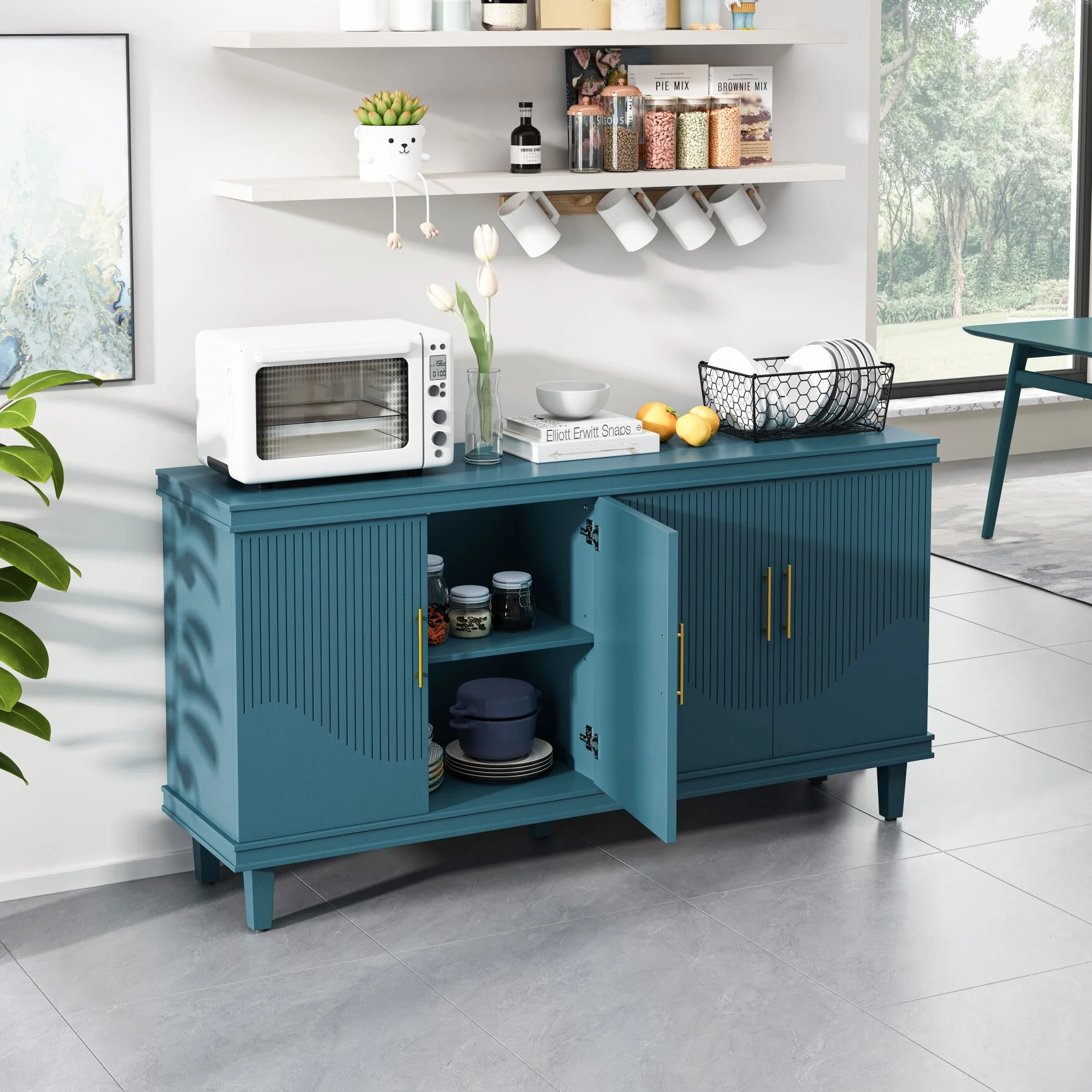 Large 4-Door Storage Cabinet with Adjustable Shelves, Modern Multi-Room Organizer for Living Room, Kitchen, Bedroom, Hallway Blue(Solid Wood+MDF/Blue) - Image 4