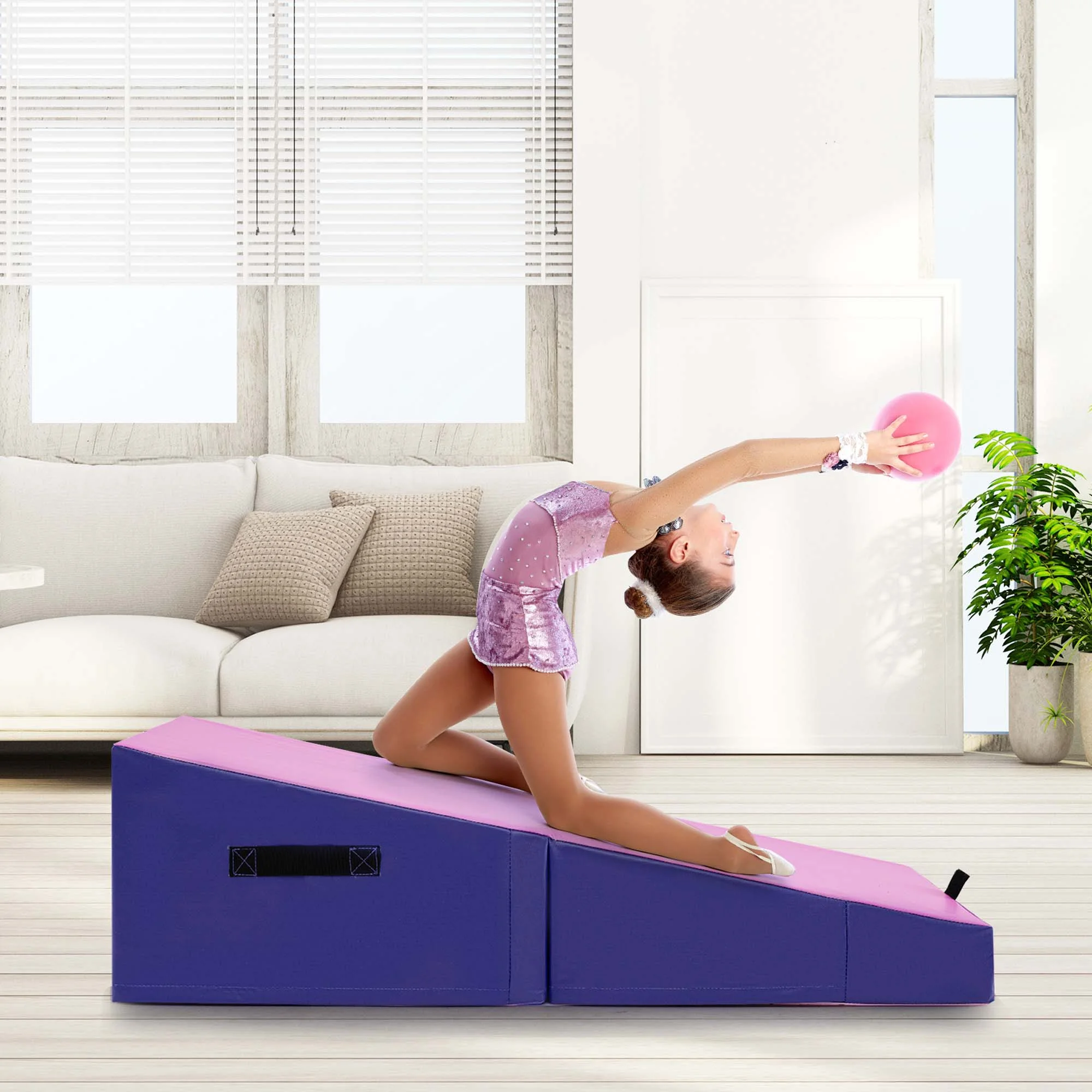 Gymnastics Tumbling Mat Folding Incline Yoga Mat with Non-slip PVC Leather Pink(Pink) - Image 2