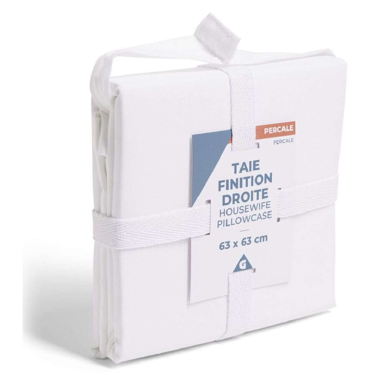 Taie d'oreiller 63x63cm 100% coton percale finition droite blanc