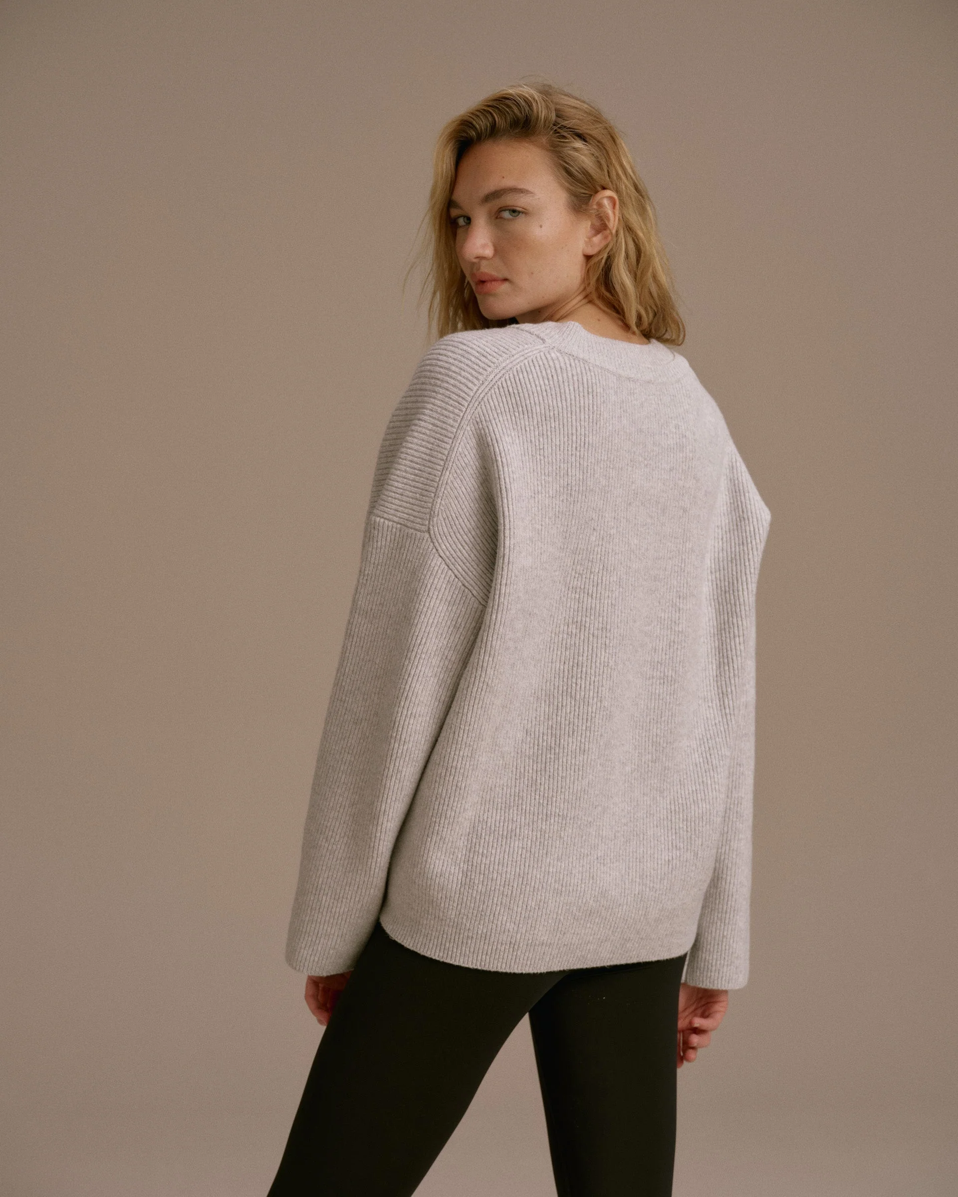 Knit Double V Neck Sweatshirt - Light Grey Melange