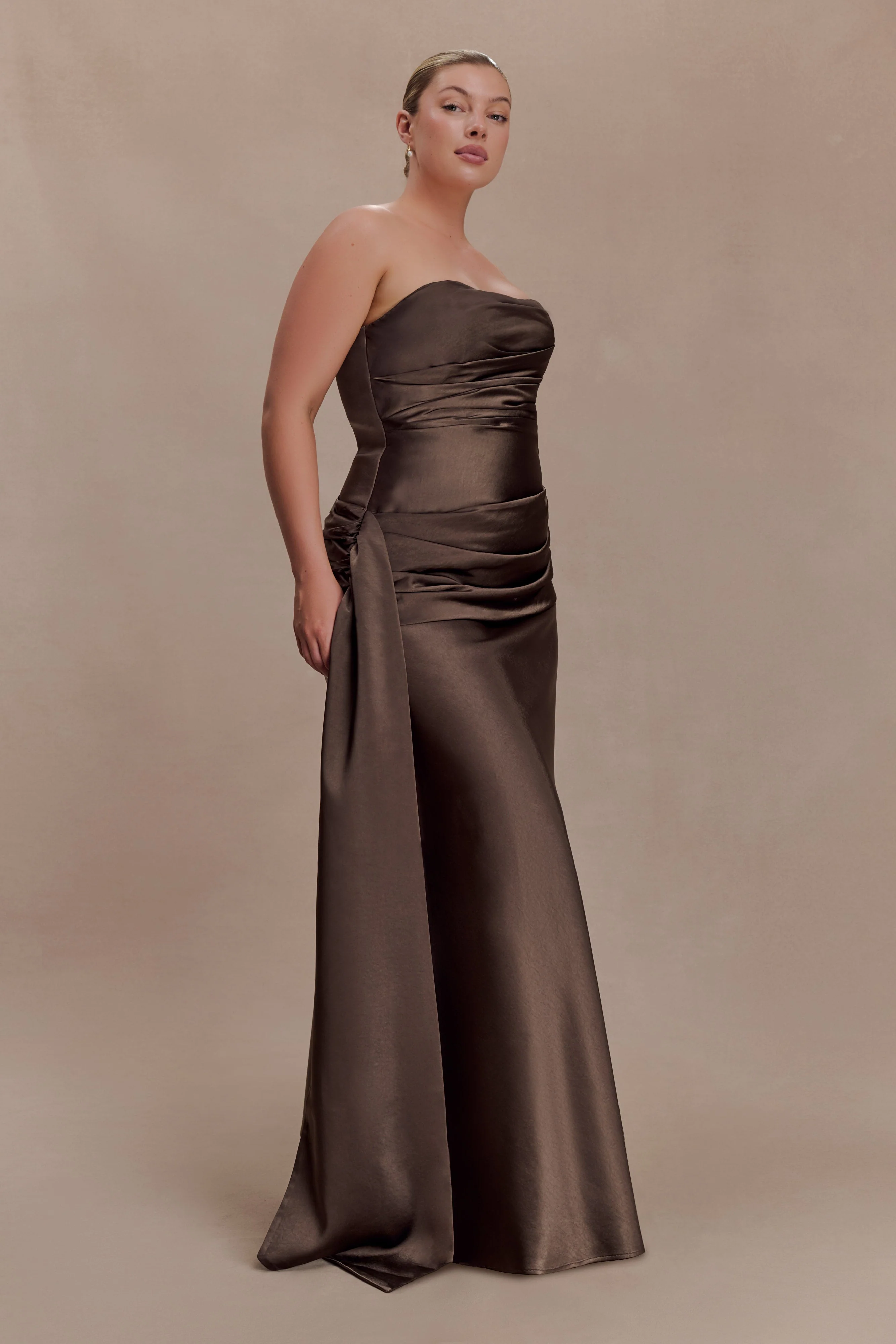 Sarah Strapless Maxi Dress With Waist Tie - Mocha