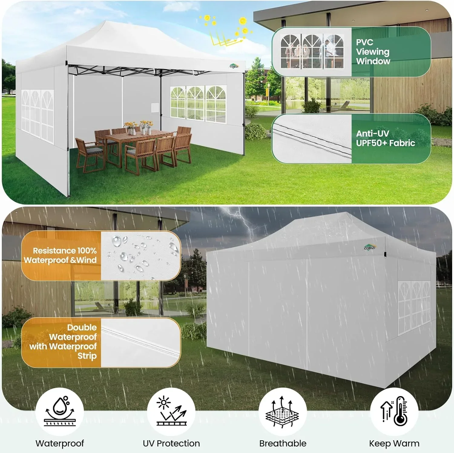 Tente pliante robuste COBIZI 10x20, 6 parois latérales, pour événements commerciaux, mariages et réceptions