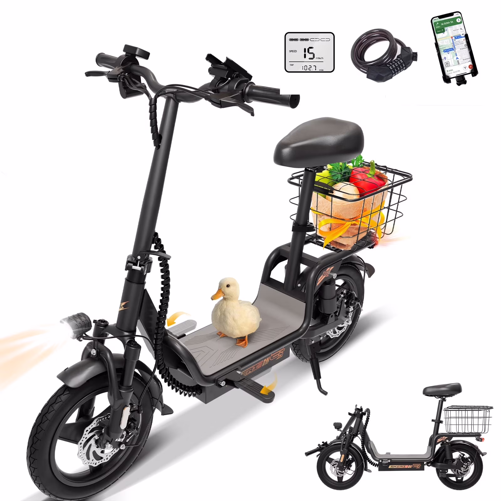 Electric Scooter with Seat for Adult and Basket, 14 Inch Tire Electric Scooter with Dual Shock Absorbers, 350W Motor with 25-Mile Range, Speed Up to 20 MPH (Gen 2.0)(Electric Scooter Bike with Basket-Black)
