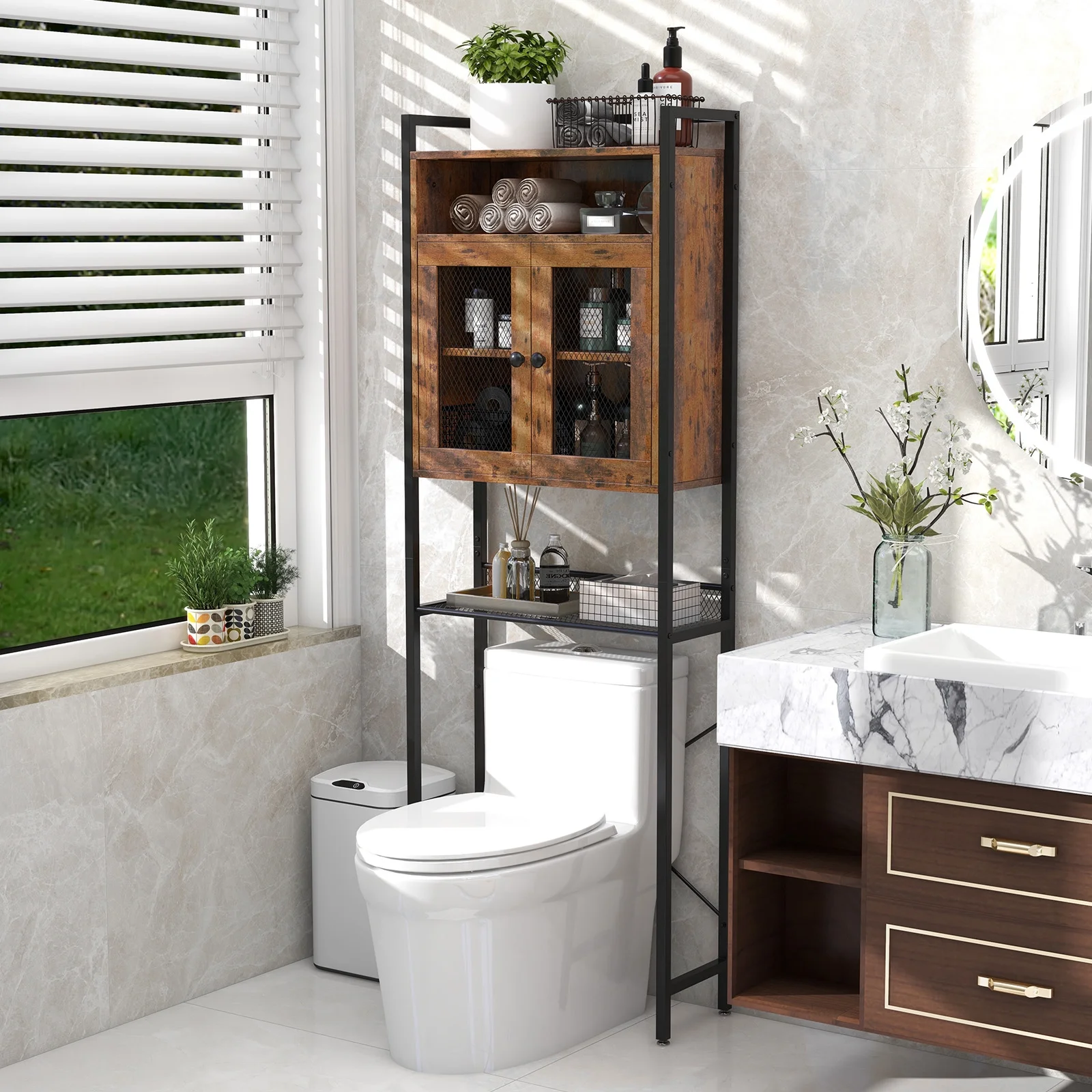 Topbuy Over the Toilet Storage Cabinet 5 - Tier Bathroom Toilet Organizer W/2 Metal Mesh Doors & 3 - Position Adjustable Shelf