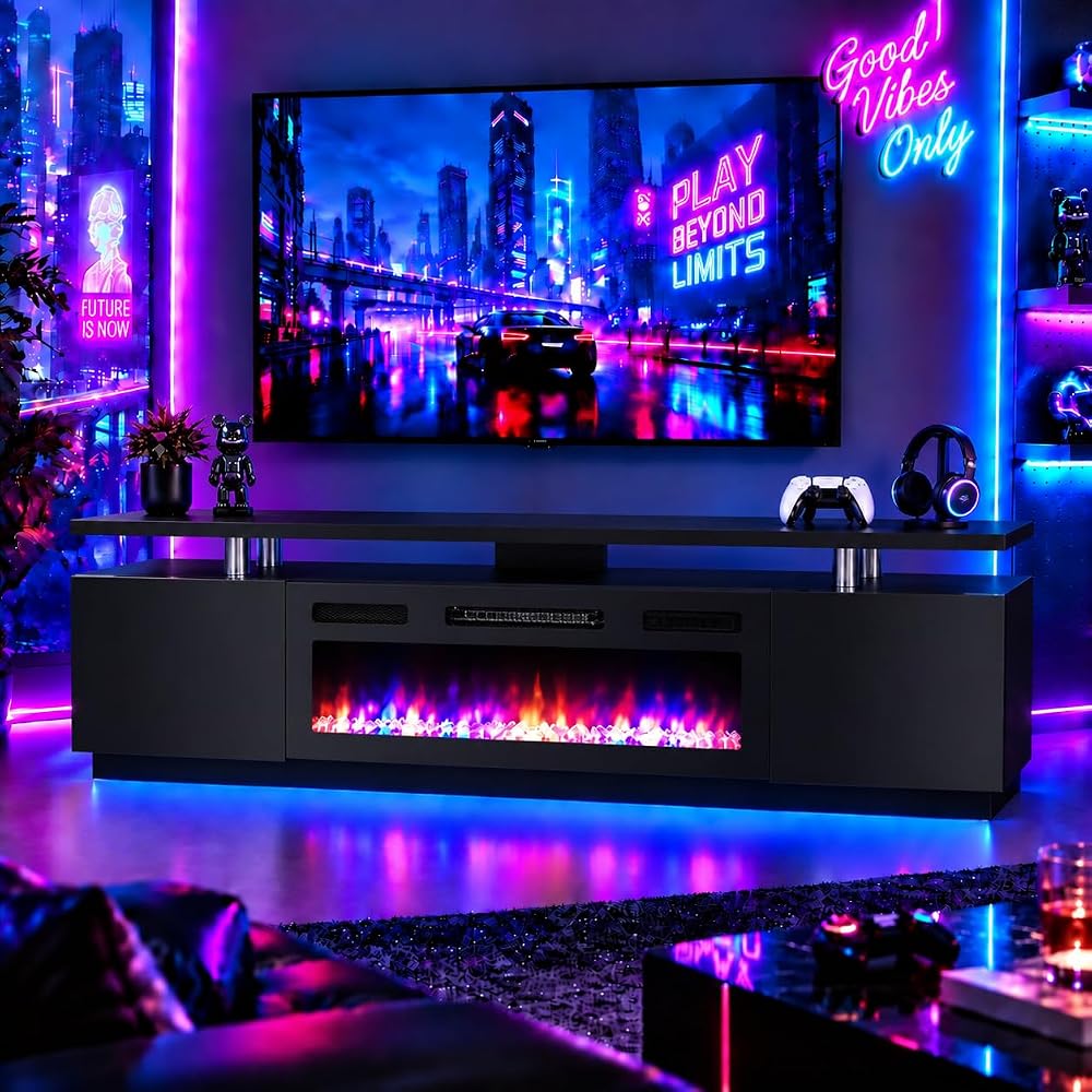 IDEALHOUSE 70 Inch Electric Fireplace TV Stand, Entertainment Center