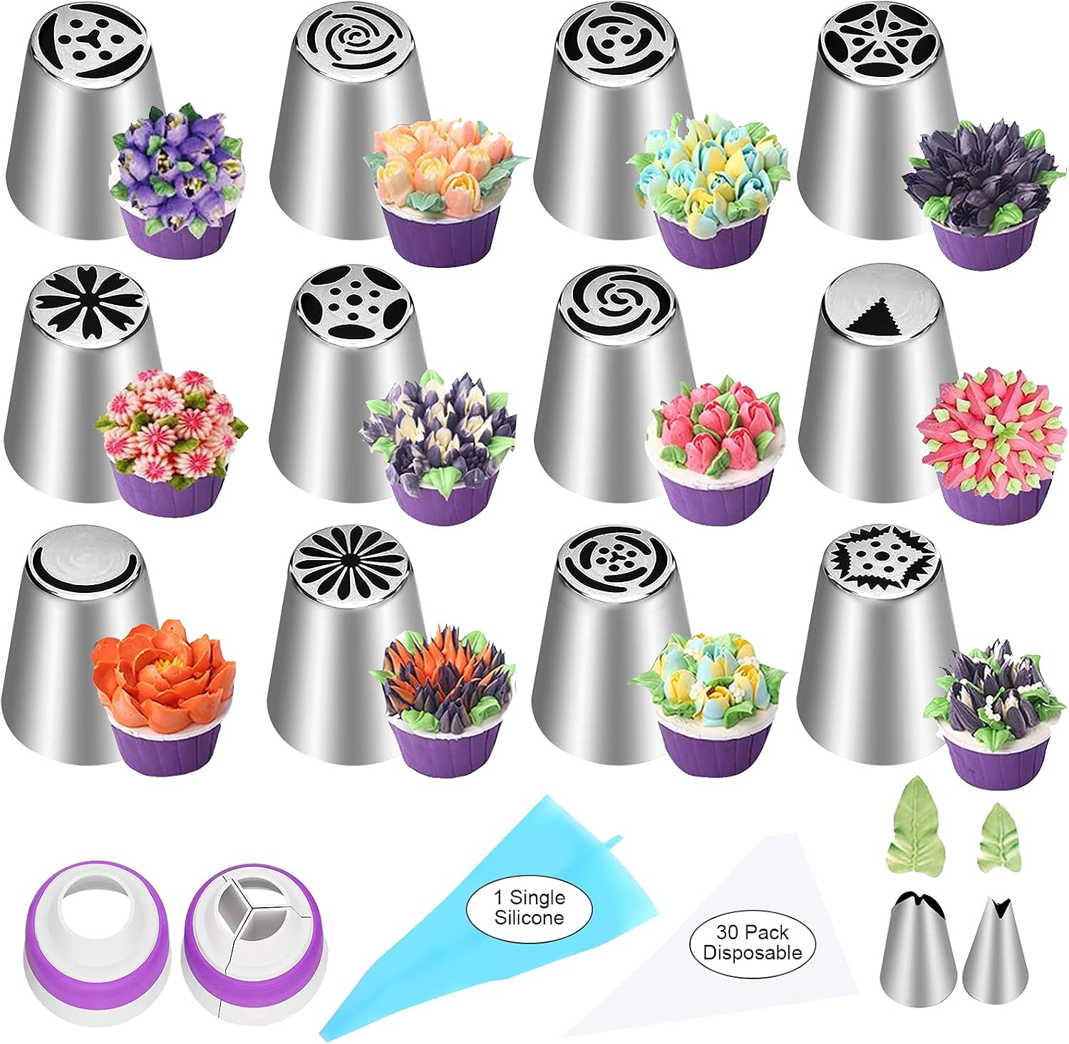 47 Pcs Russian Piping Tips Set, 12 Flower Frosting Nozzles Icing Tips for Cake Decorating Tips Kit, Baking Supplies for Cookies and Cupcakes, 2 Leaf Piping Tips, 2 Couplers, 30 Pastry Baking Bags YLYL