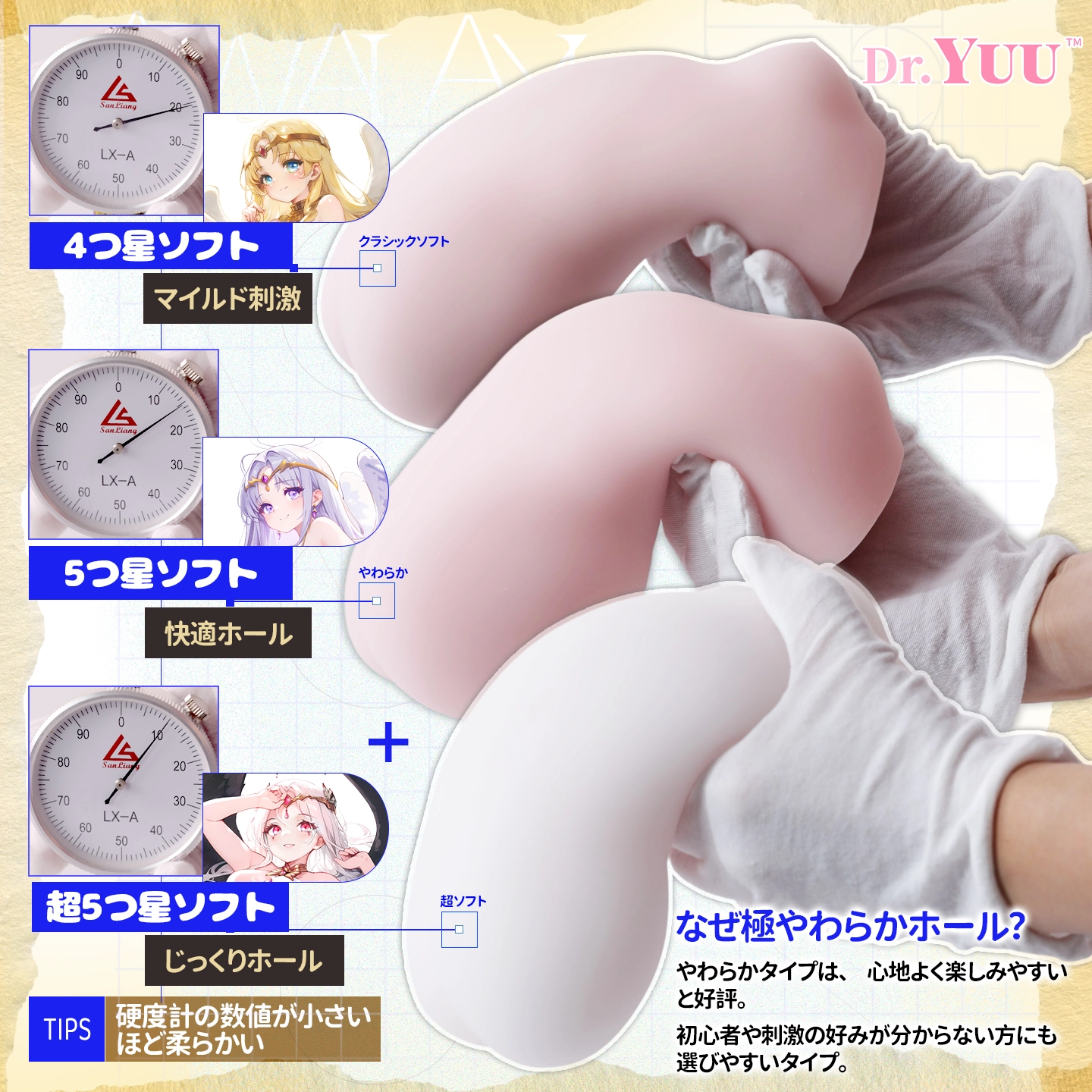 柔らかさの違いを実物で見せるDr.YUUやわ神ソフトメンズトイ比較画像。